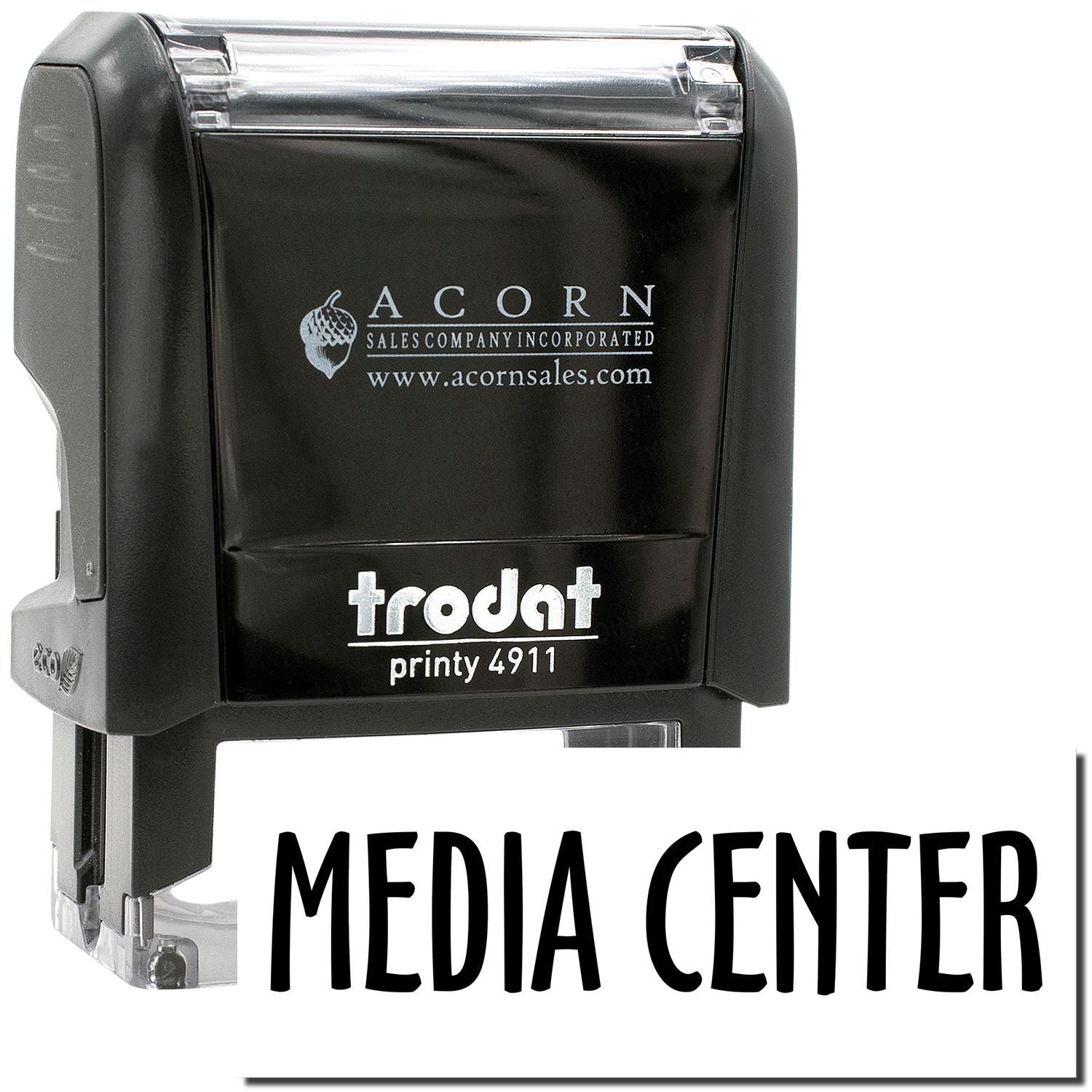 Acorn Trodat Printy 4911 Media Center self-inking rubber stamp in black with clear cap