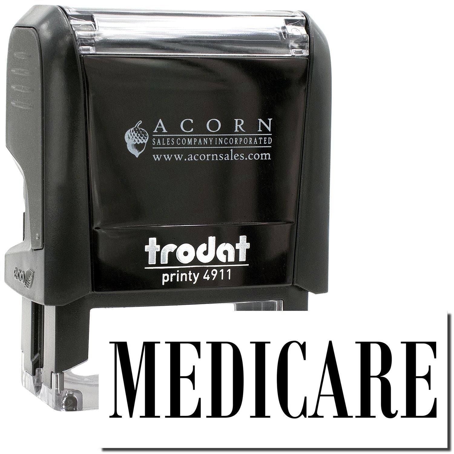 Black Trodat Printy 4911 Medicare self-inking stamp with Acorn Sales branding