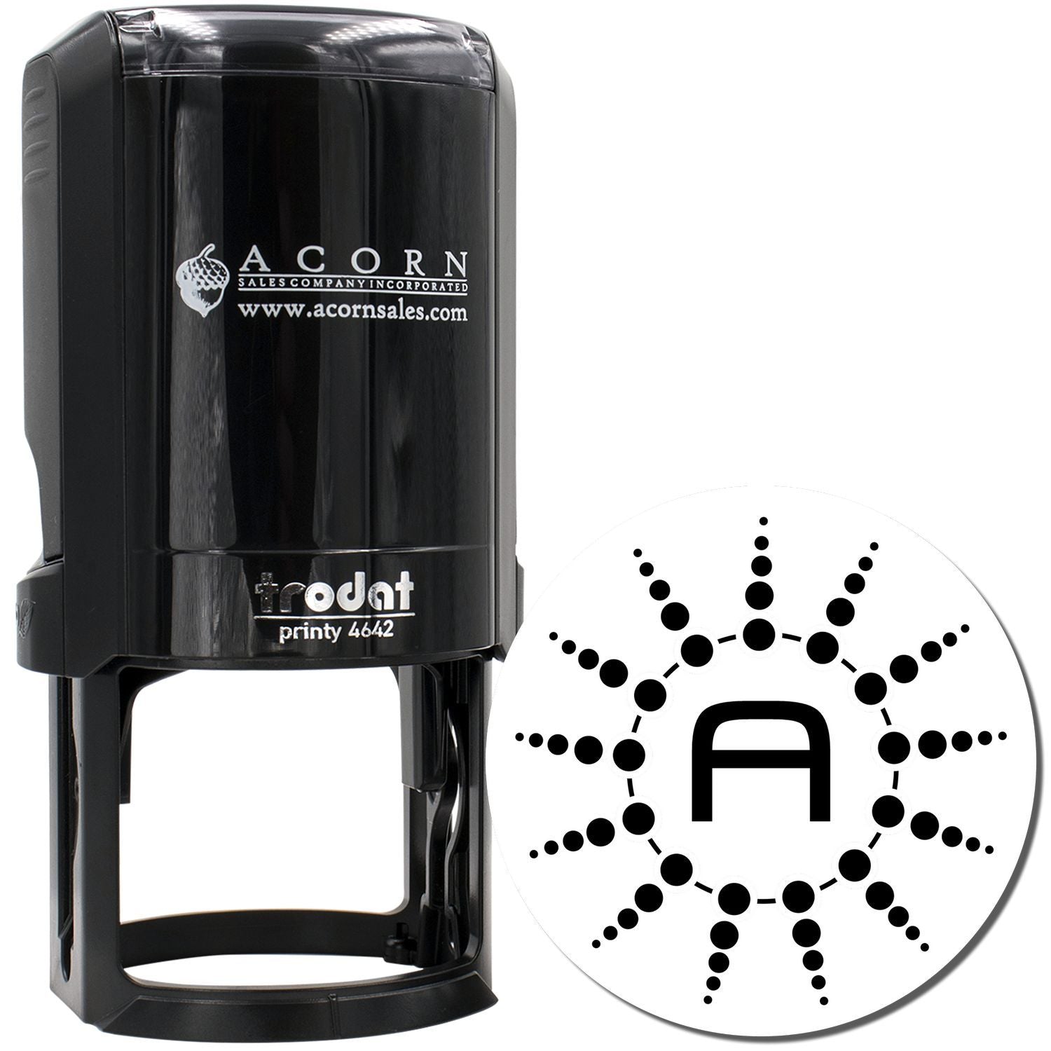 Custom self-inking business rubber stamp with Acorn Sales logo and personalized monogram design