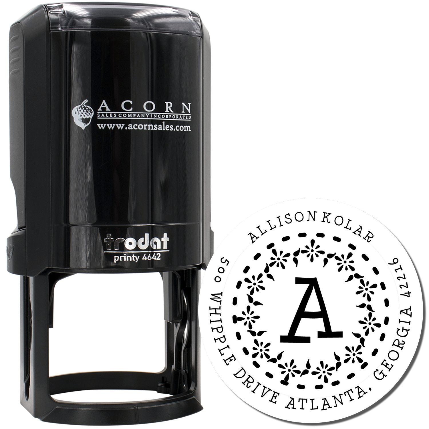 Personalized self-inking rubber address stamp with monogram design for wedding invitations and business mail.