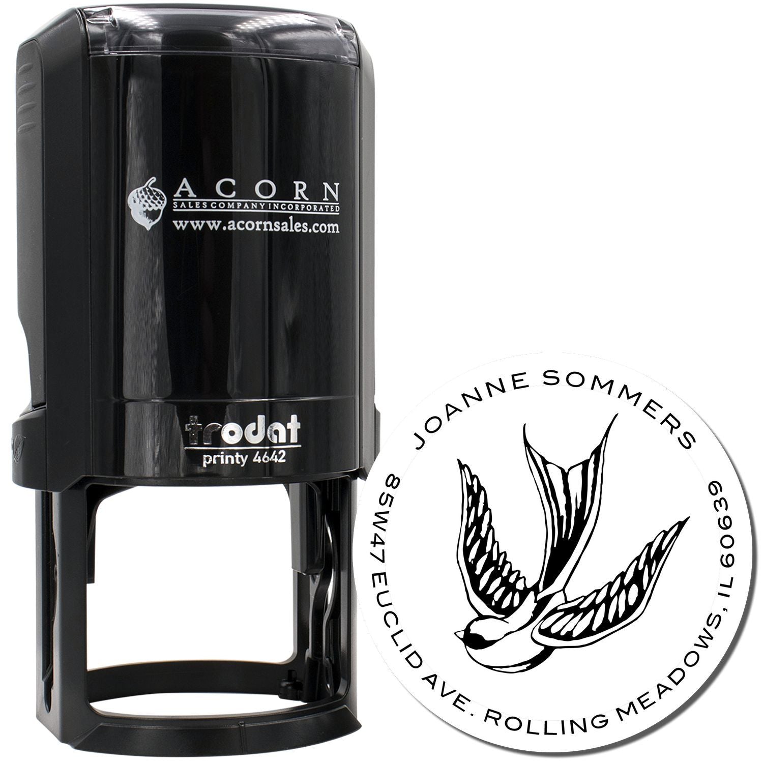 Custom self-inking rubber stamp with bird logo, business name and address for branding, packaging, and office use.