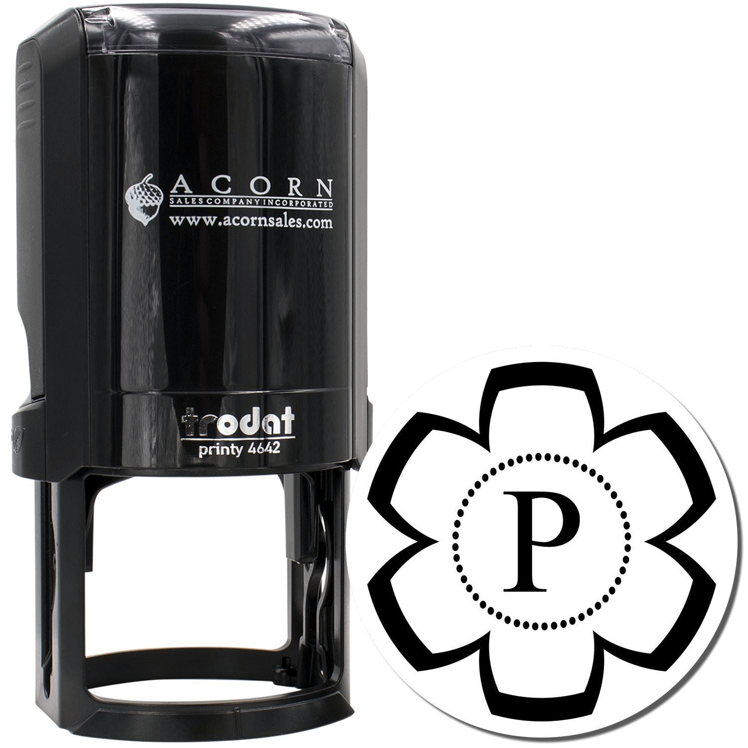 Custom self-inking rubber stamp with floral P monogram, Trodat Printy 4642, for personalized branding and business use.