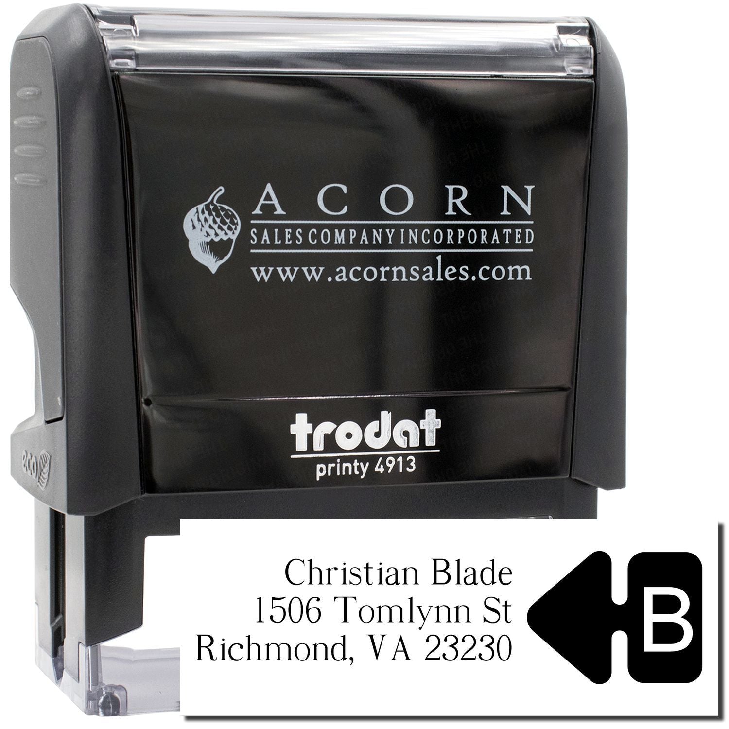 Custom self-inking rubber address stamp, Trodat Printy 4913, for Christian Blade return address.