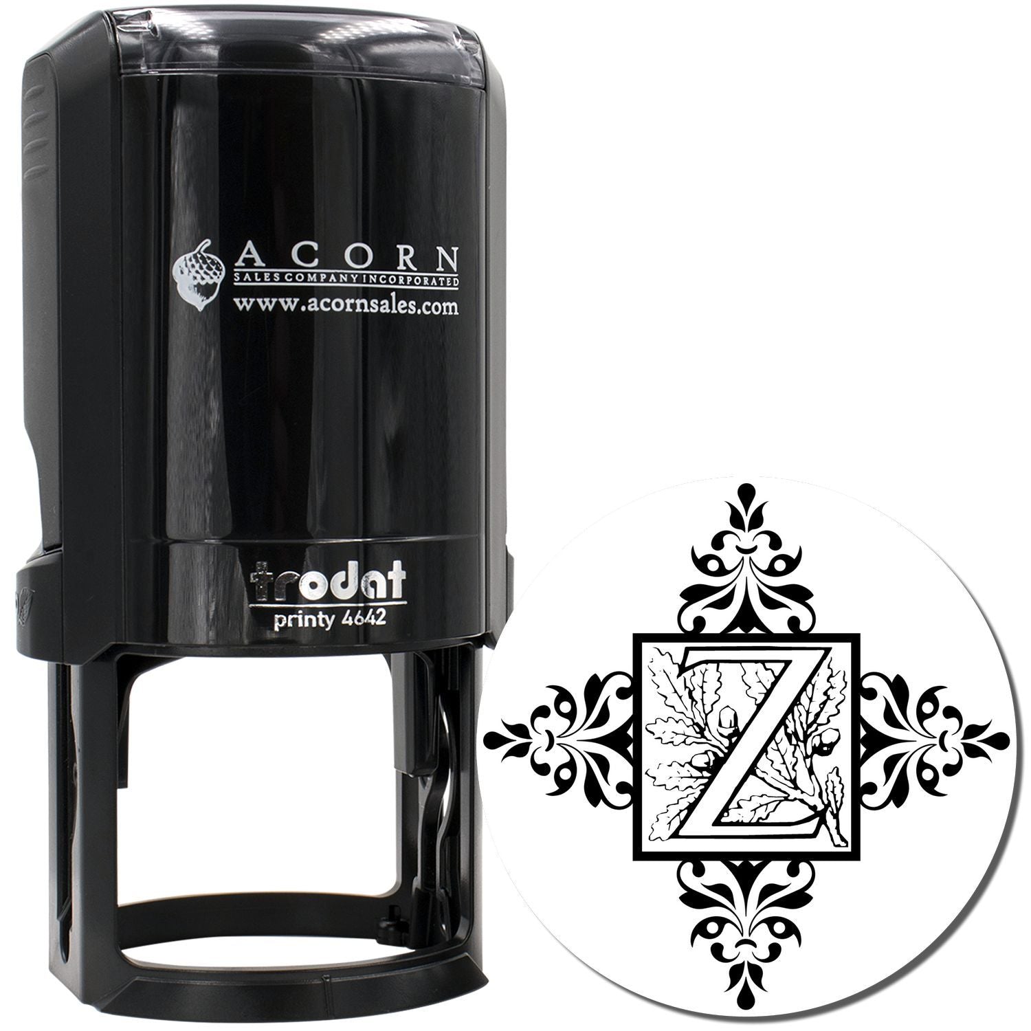 Custom self-inking rubber stamp with ornate monogram Z design for personalized branding, Trodat Printy 4642.