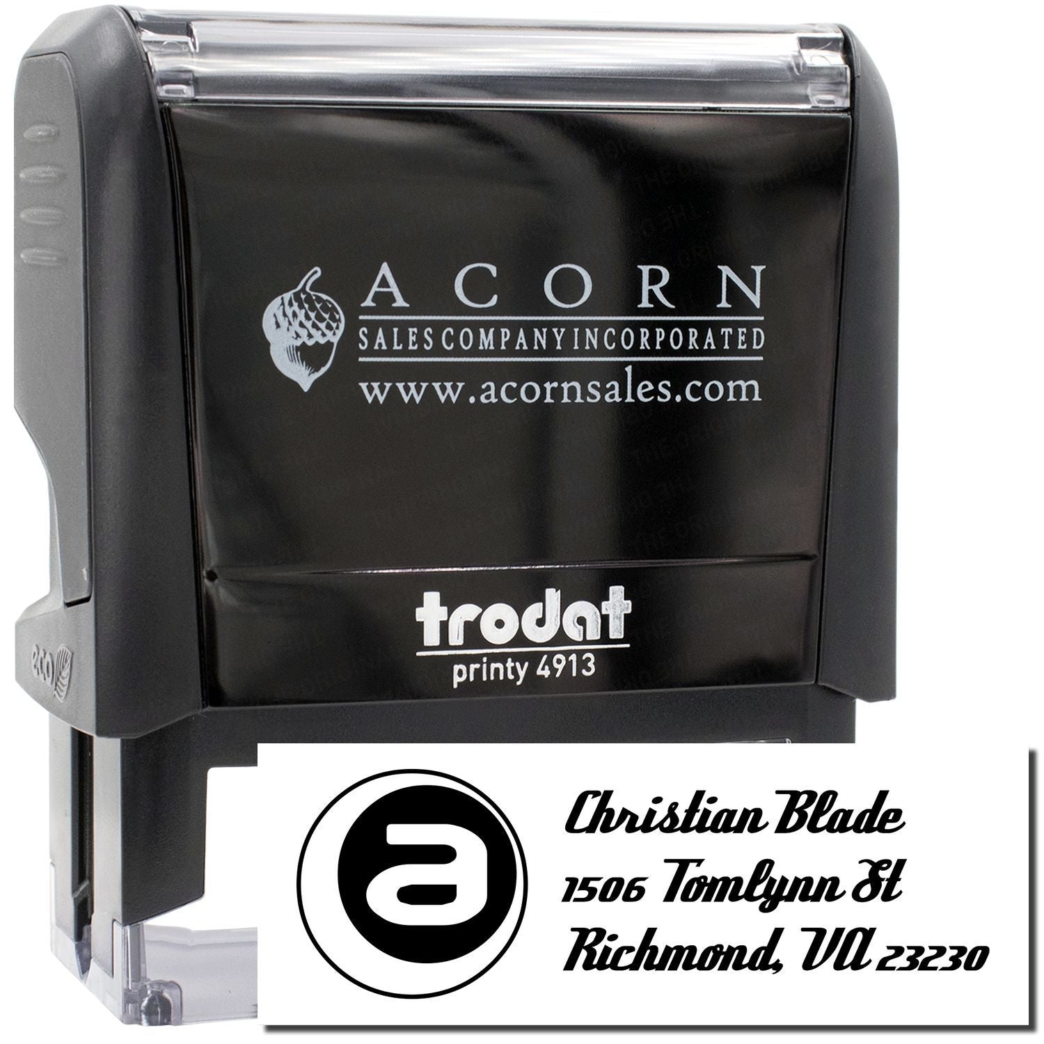 Trodat self-inking rubber stamp with custom logo and return address imprint for business branding and mailing.