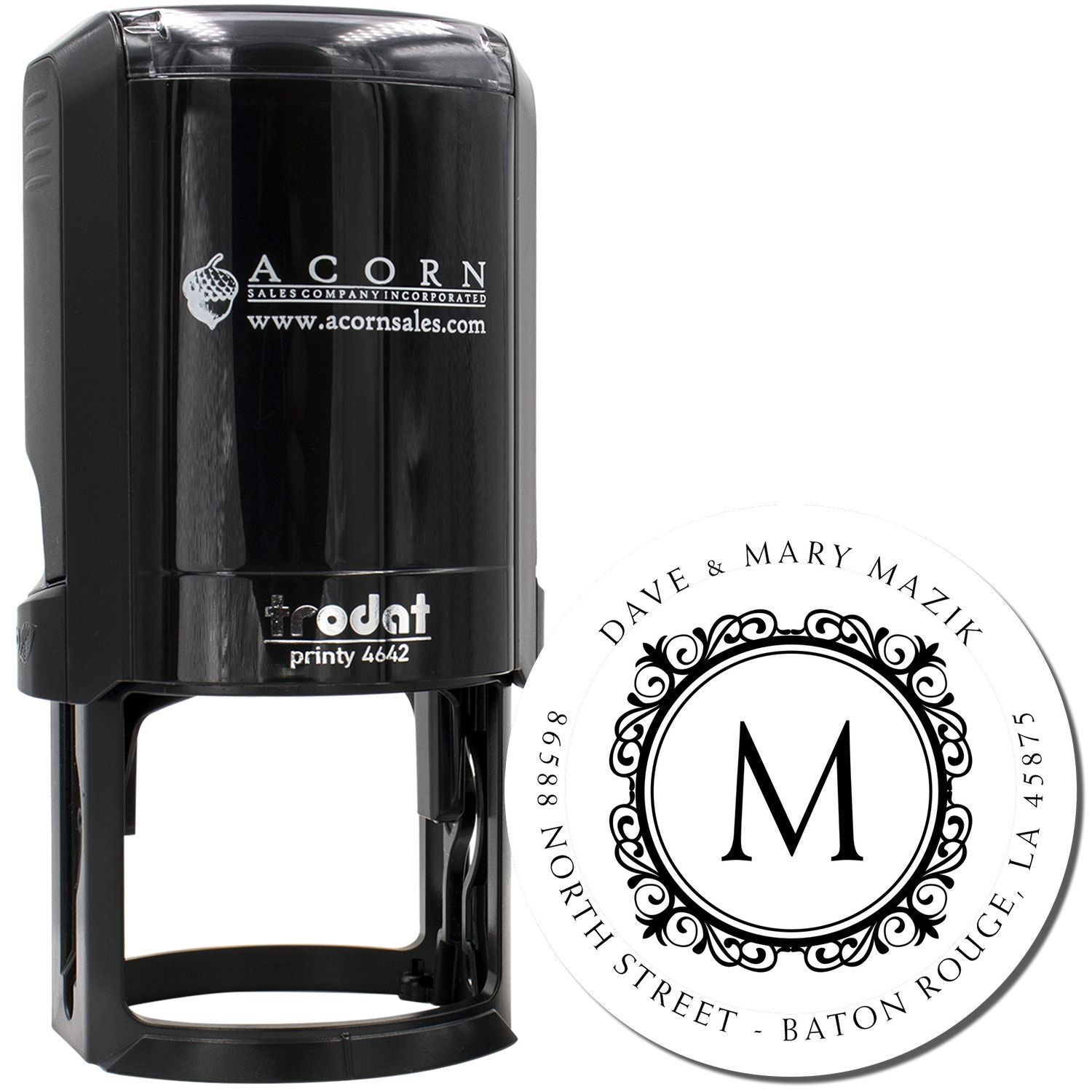 Custom self-inking rubber stamp with monogram address imprint for personalized business or wedding branding