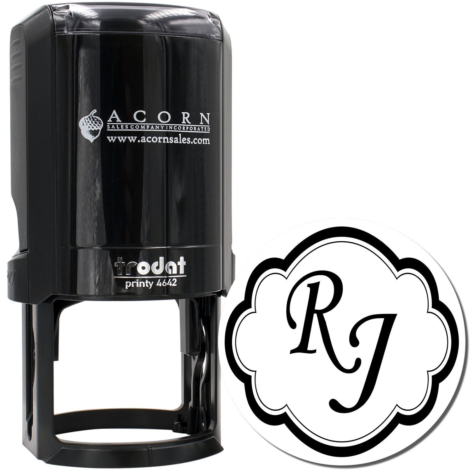 Custom self-inking rubber stamp with RG monogram in decorative oval, ideal for personalized branding, stationery, and business use.