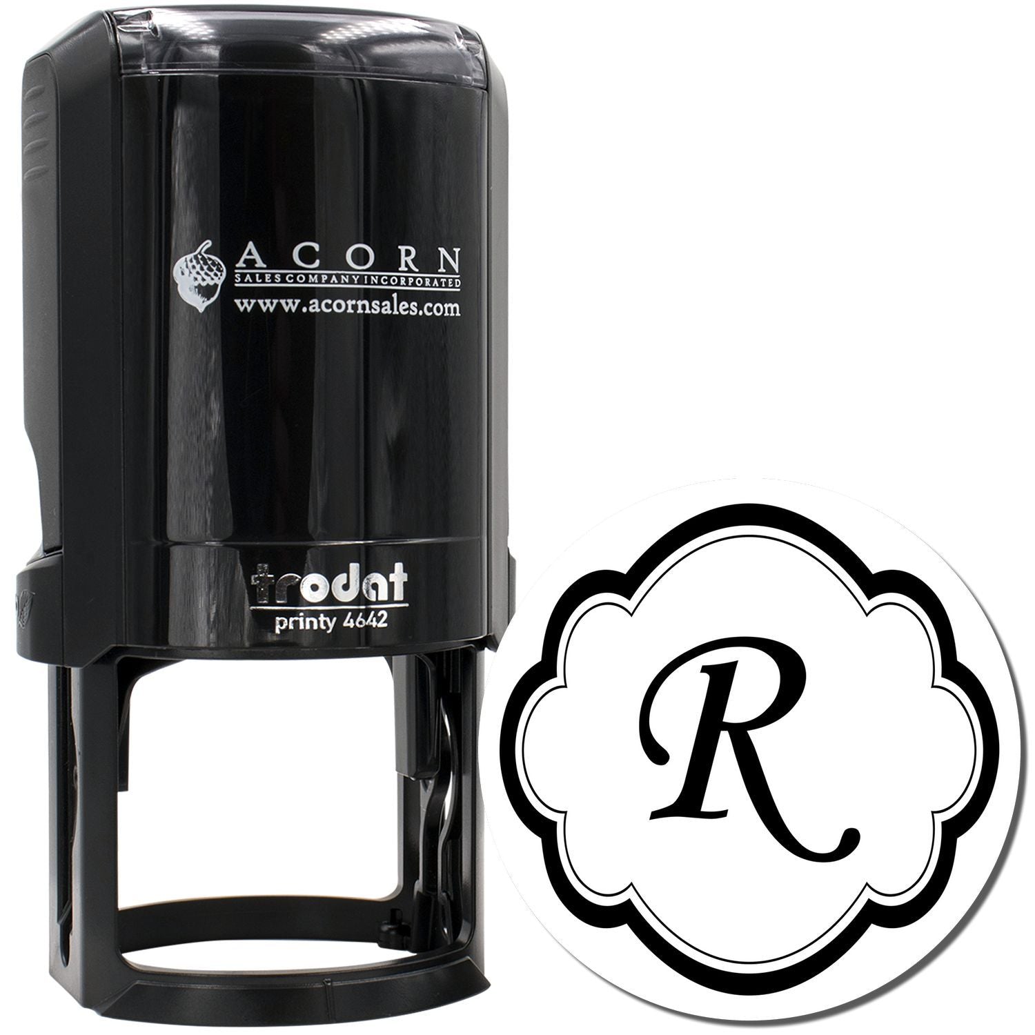Custom self-inking rubber stamp with monogram R, ideal for personalized business, wedding, or craft stamping.