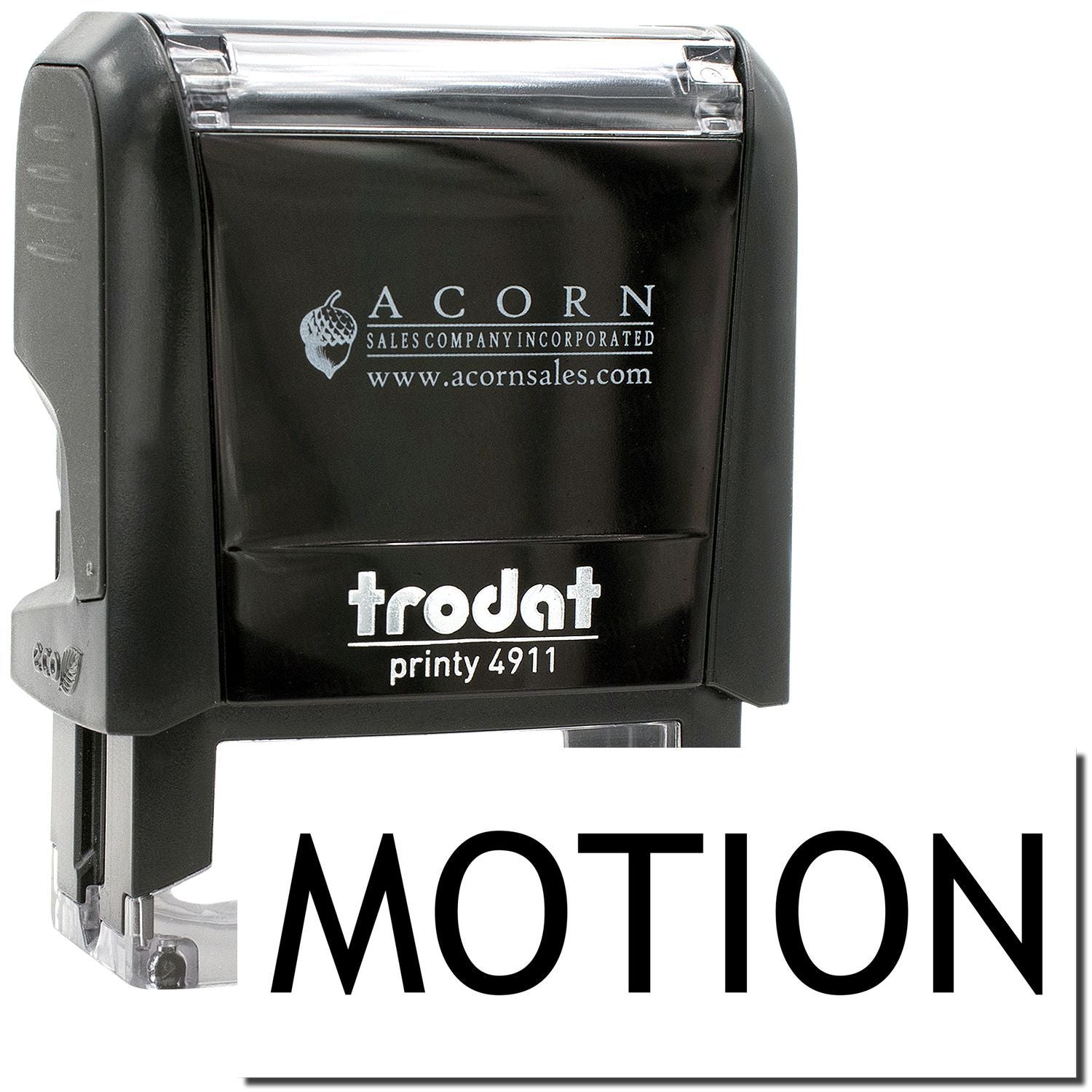 Black Trodat Printy 4911 self-inking rubber stamp with Motion branding, office stamp by Acorn Sales