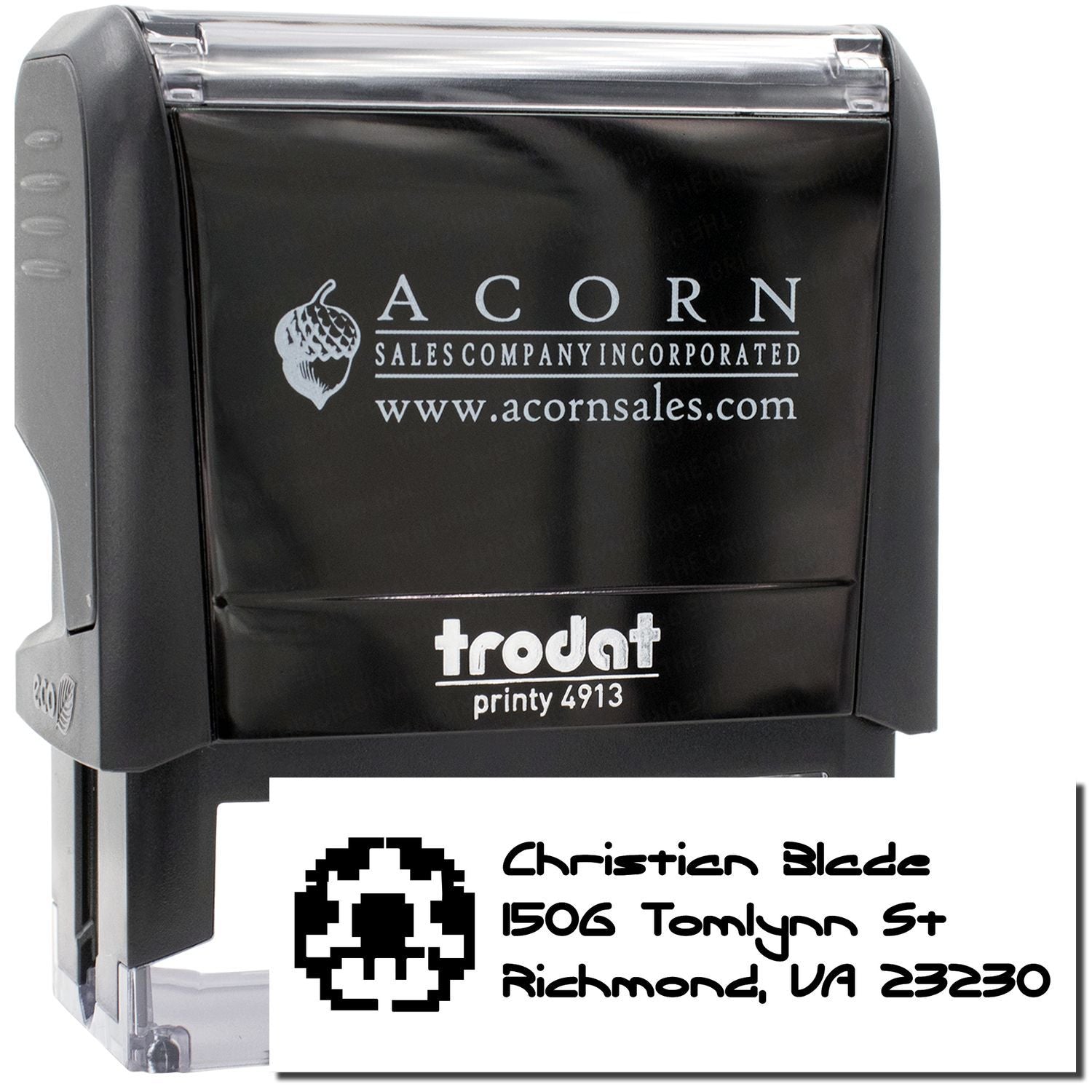 Custom self-inking rubber address stamp with logo, Trodat Printy 4913, for business mailing and return address labeling.