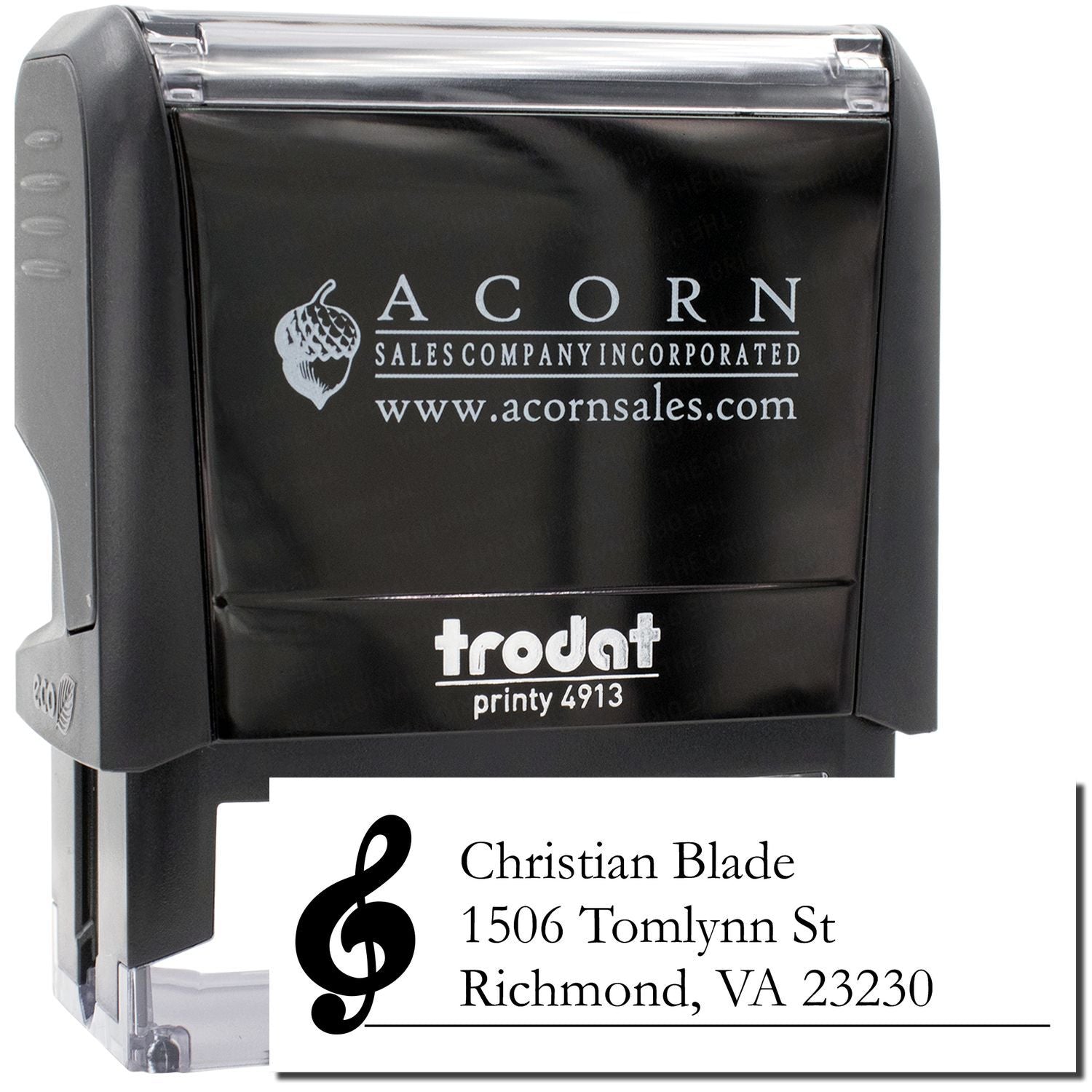 Custom self-inking rubber address stamp for return mail, Trodat Printy 4913, with music note and name-address layout.