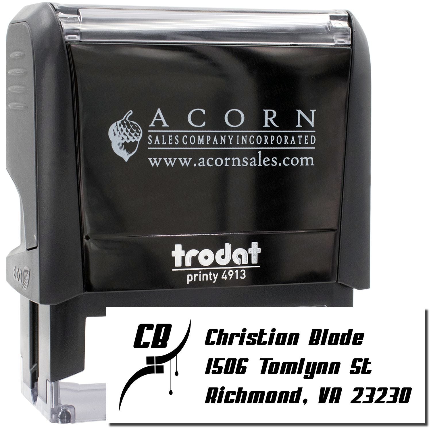 Custom self-inking rubber stamp with business logo and address imprint for personalized mailing and branding.