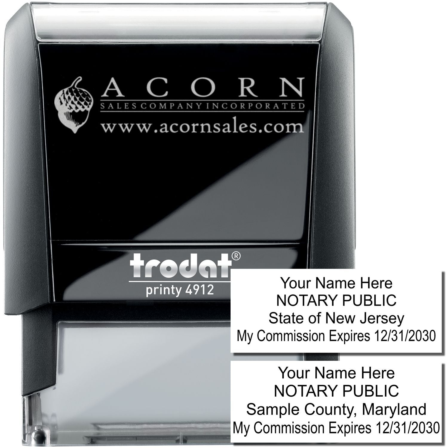 Trodat Printy 4912 custom notary public stamp with Acorn Sales branding and New Jersey and Maryland commission sample text.