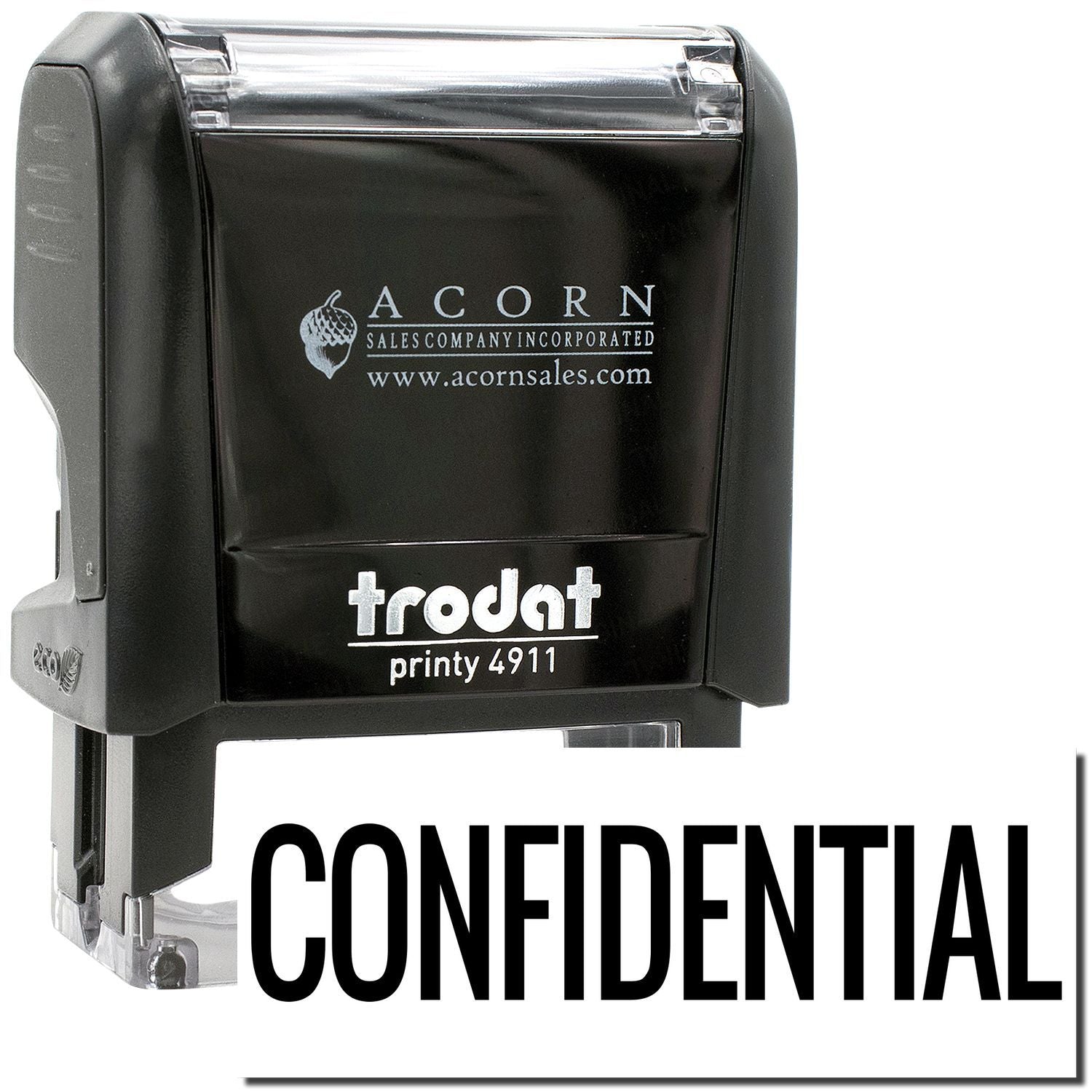 Black Trodat Printy 4911 confidential self-inking stamp with Acorn Sales branding