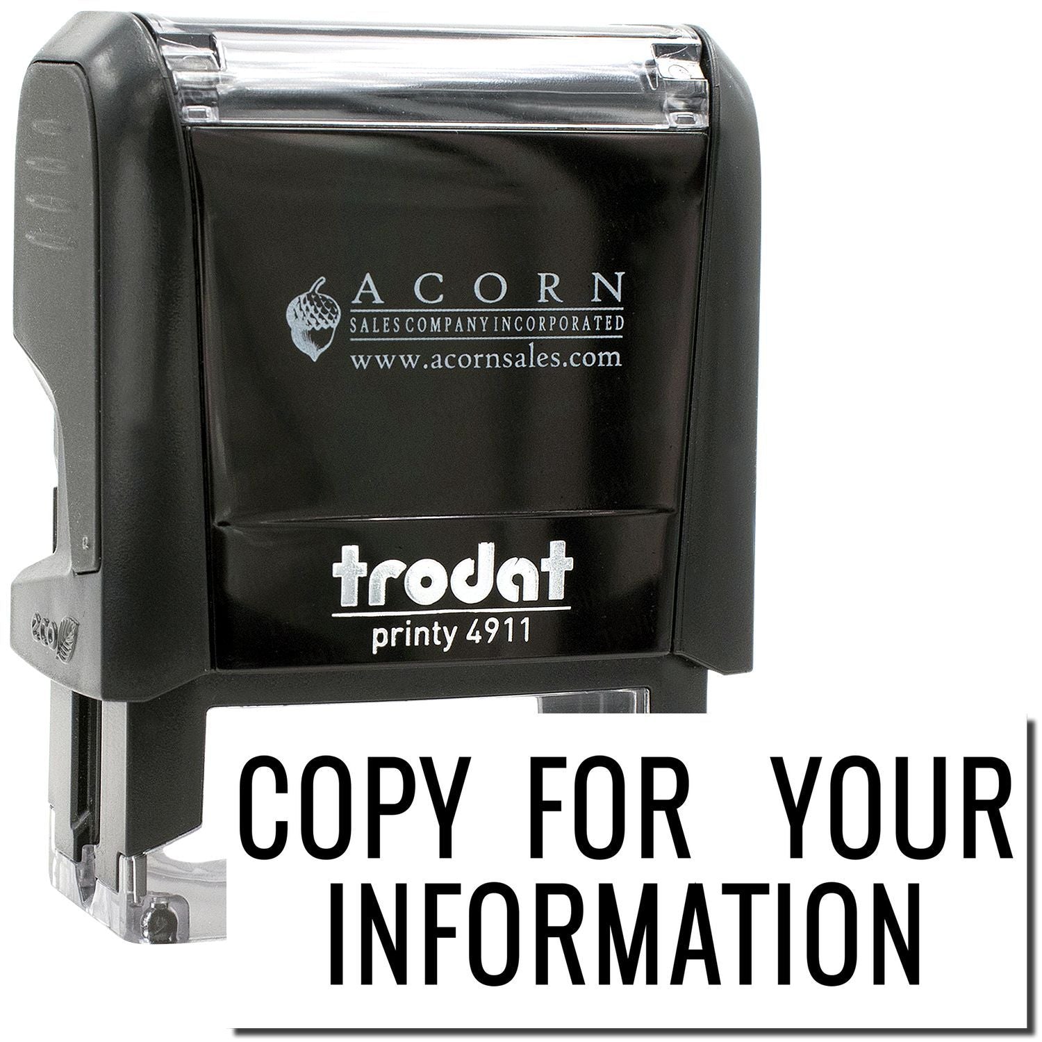 Trodat Printy 4911 self-inking stamp with Copy for your information message and Acorn Sales branding