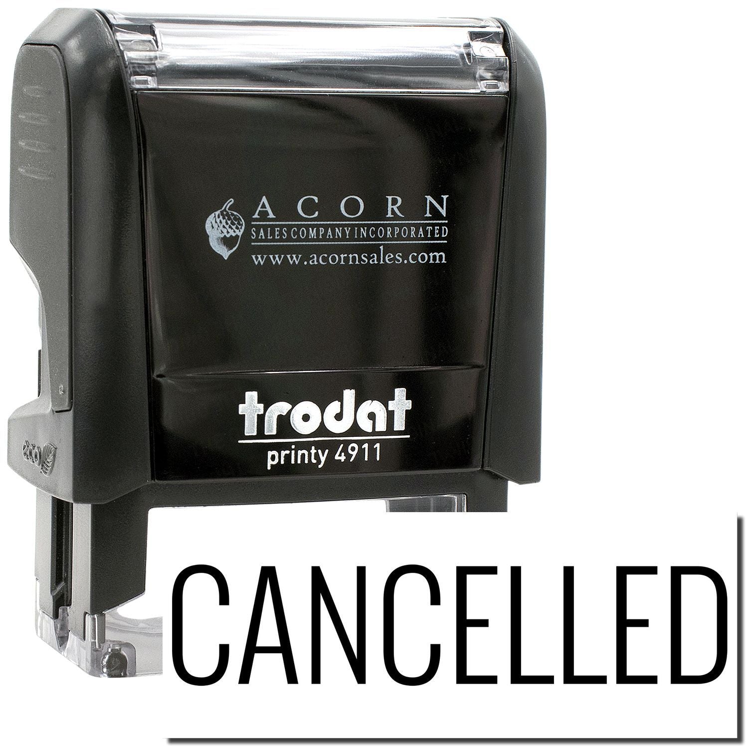 Black Trodat Printy 4911 self-inking cancelled stamp with Acorn Sales branding