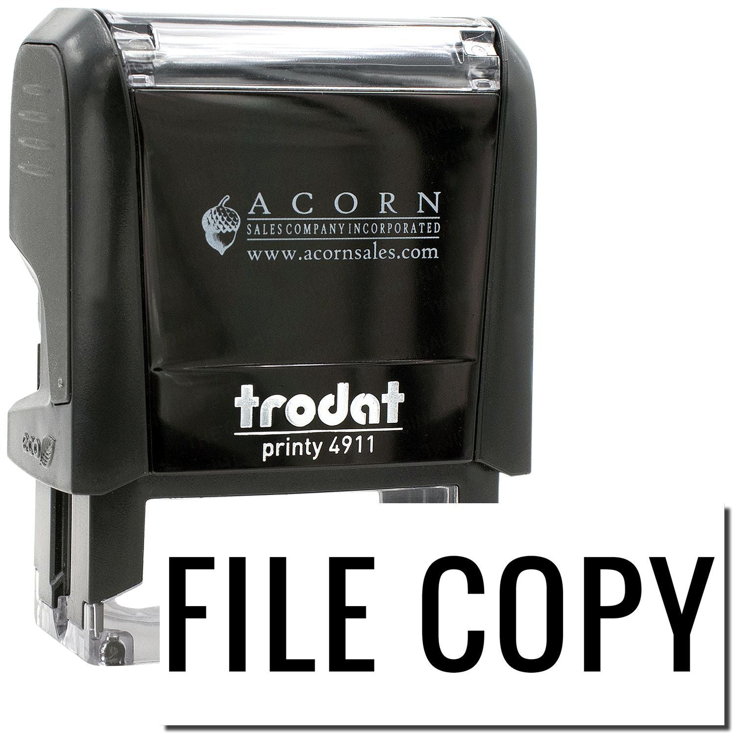 Black Trodat Printy 4911 self-inking stamp with FILE COPY text, Acorn Sales Company branding, isolated on white background.