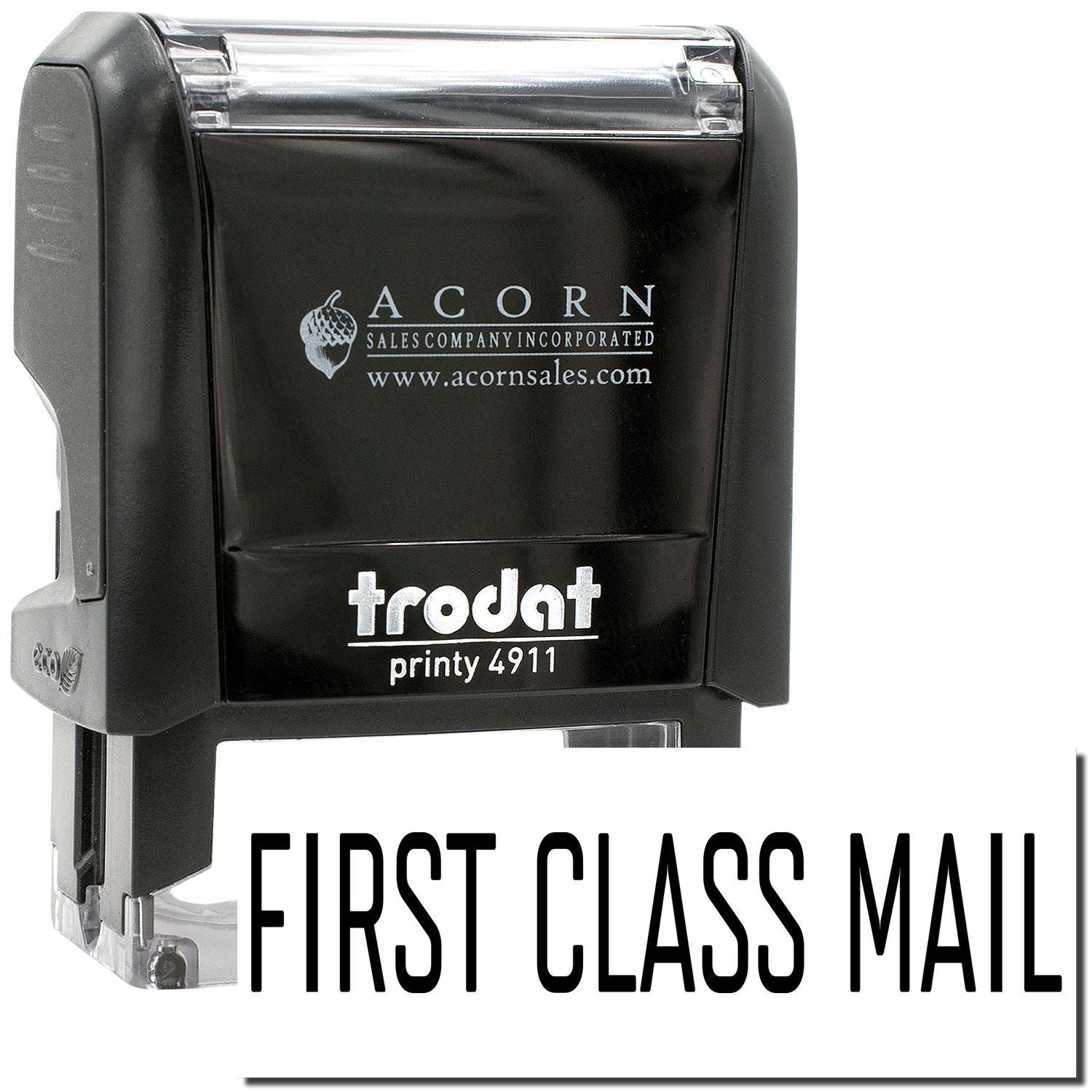 Black Trodat Printy 4911 first class mail self-inking stamp with Acorn Sales branding
