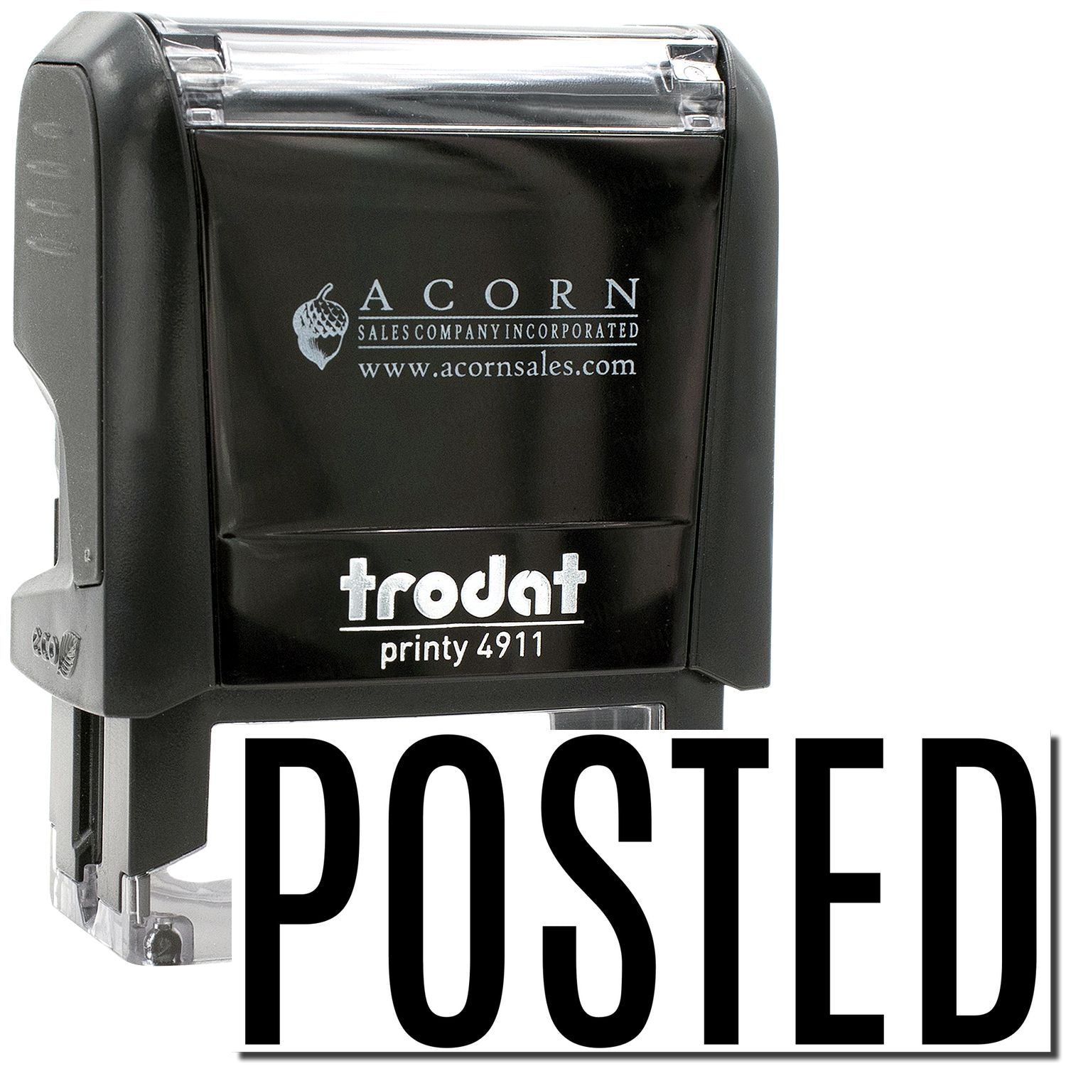 Trodat Printy 4911 self-inking POSTED stamp by Acorn Sales in black with clear handle.