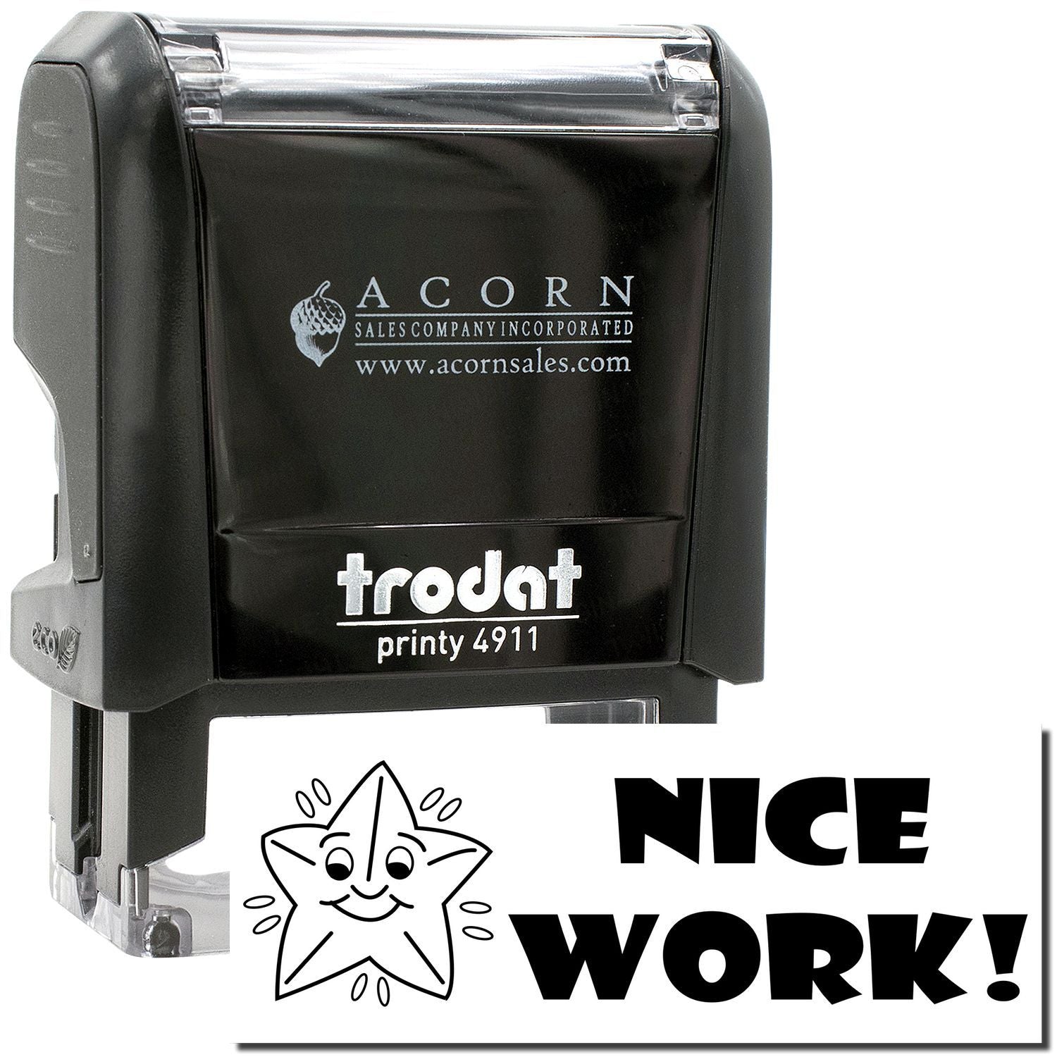 Trodat Printy 4911 self-inking stamp with Nice Work! design by Acorn Sales