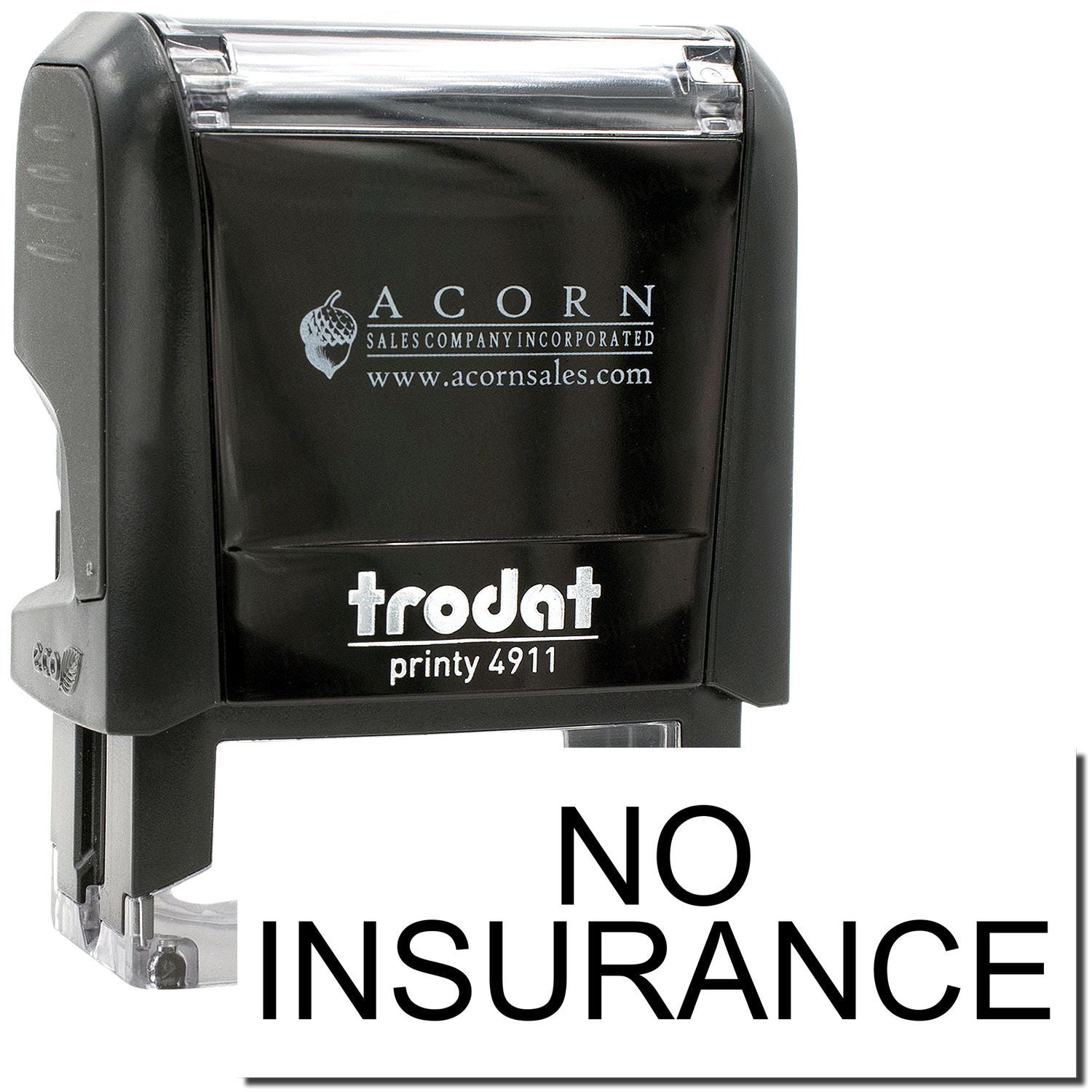 Trodat Printy 4911 black self-inking stamp with NO INSURANCE text, office and business use rubber stamp tool.