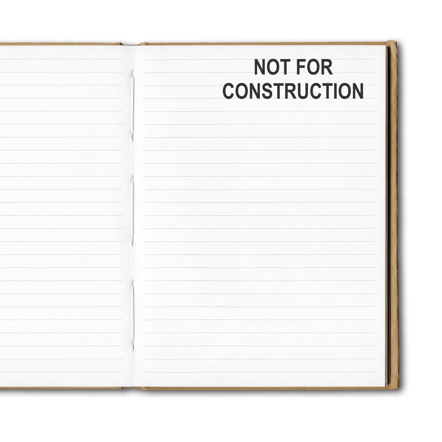 Open notebook page with Not for Construction text, blank lined paper template, top view on white background.
