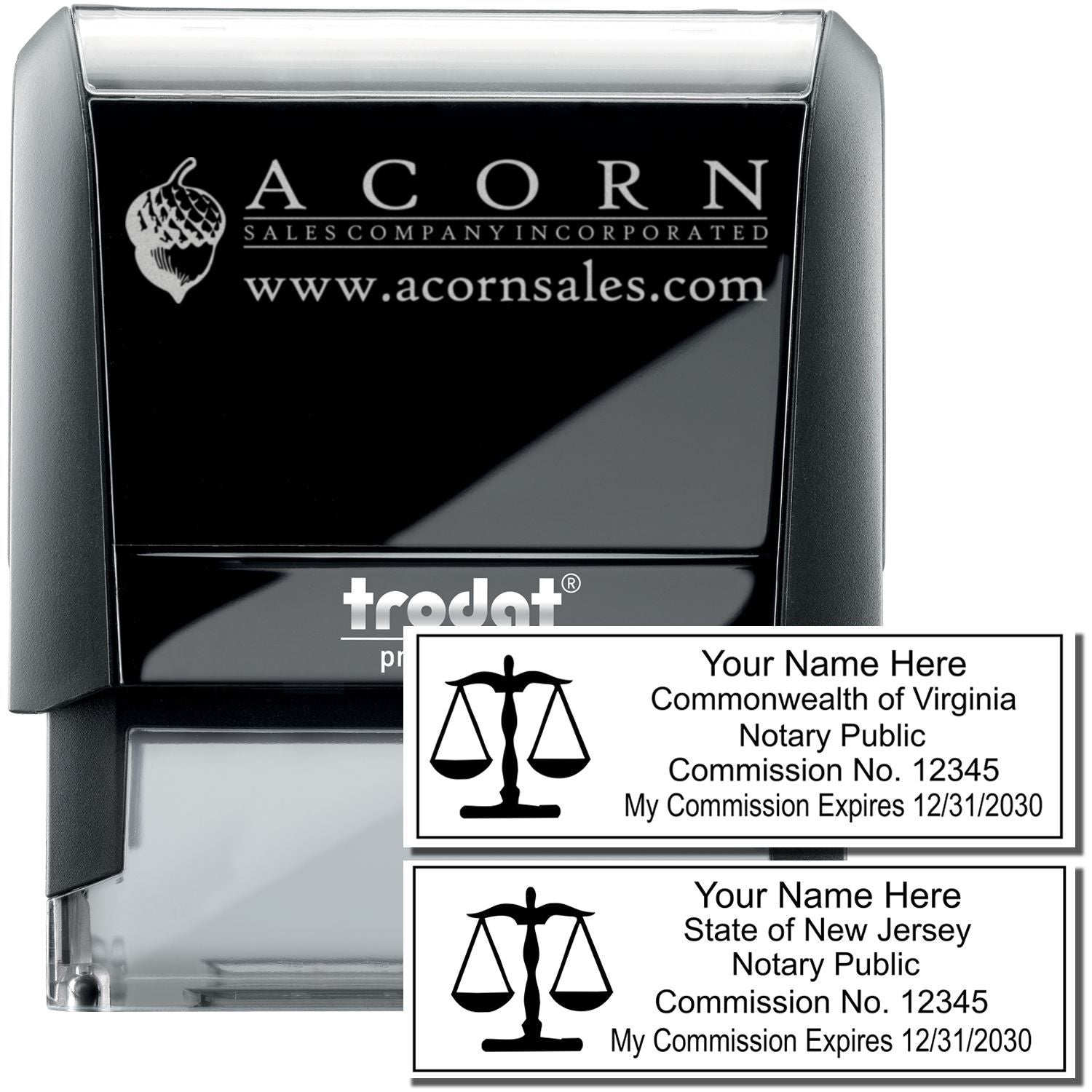 Custom self-inking notary public stamp with Acorn Sales and Trodat branding, featuring Virginia and New Jersey notary seal examples with name, commission number, and expiration date.