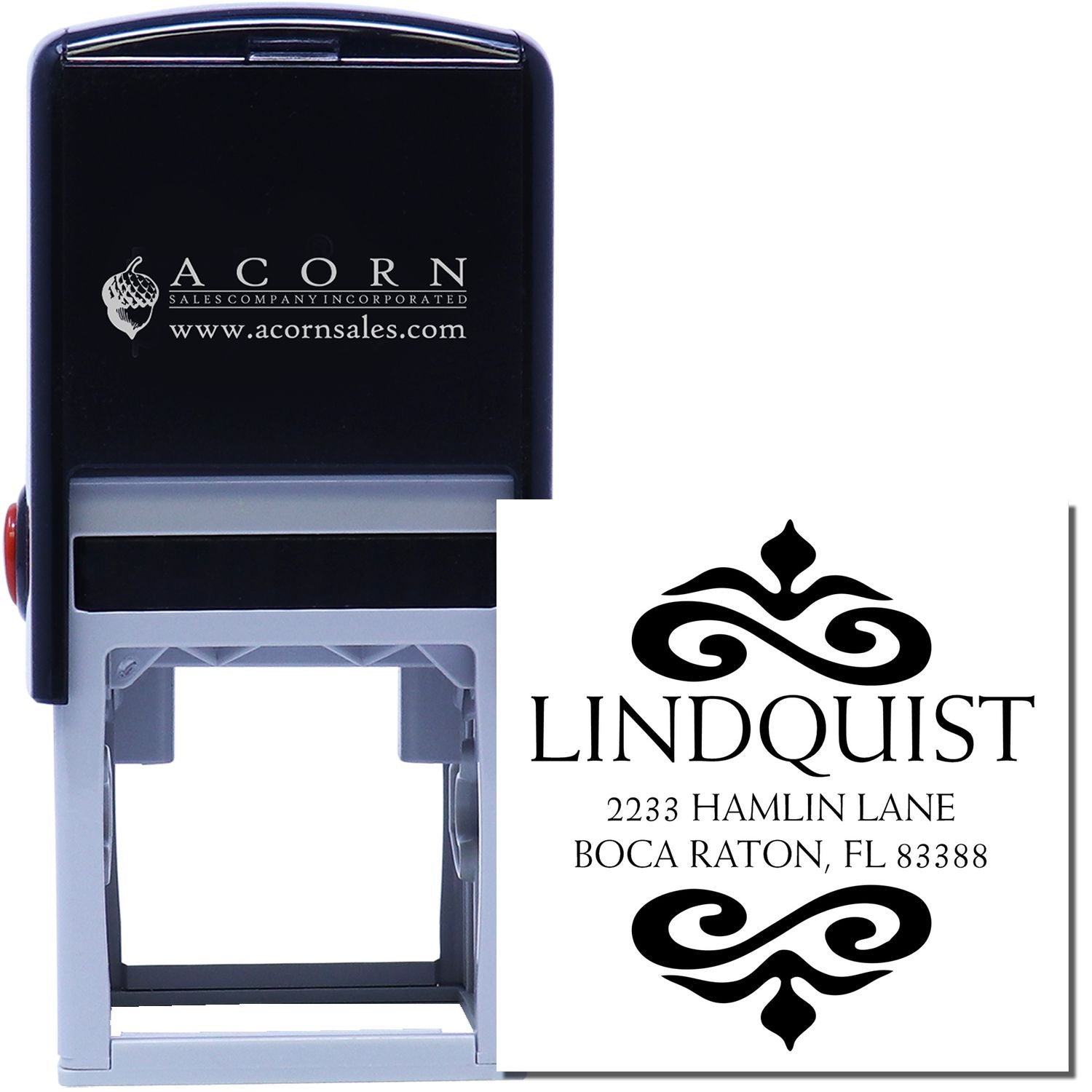 Custom self-inking rubber stamp with personalized name and address for business mailings and return envelopes.
