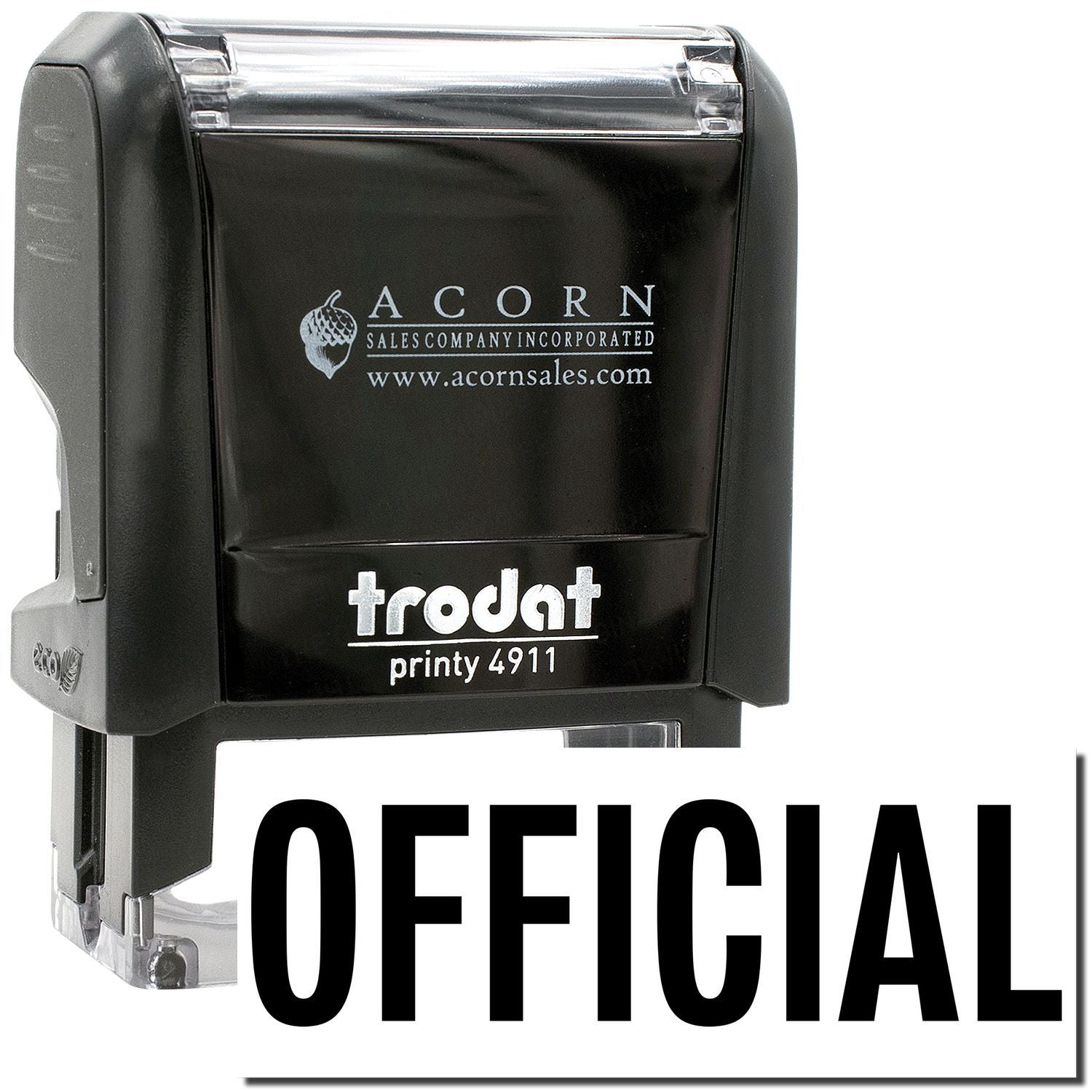 Black Trodat Printy 4911 official self-inking stamp by Acorn Sales Company with clear OFFICIAL imprint.