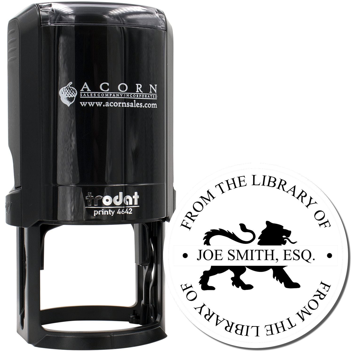 Personalized self-inking rubber stamp and round library of stamp for Joe Smith, Esq., with Trodat Printy 4642.