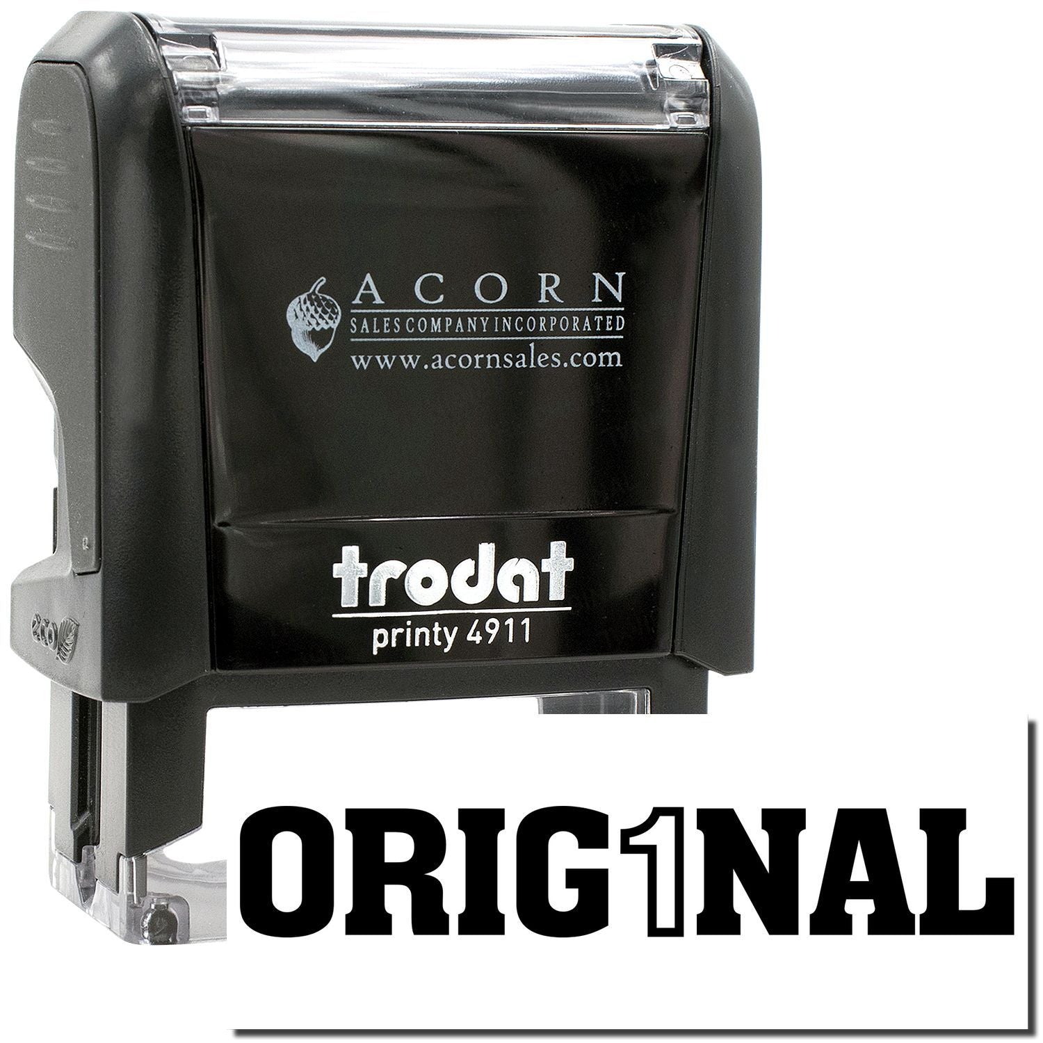Original Trodat Printy 4911 self-inking stamp by Acorn Sales Company, black custom rubber stamp with clear cap.