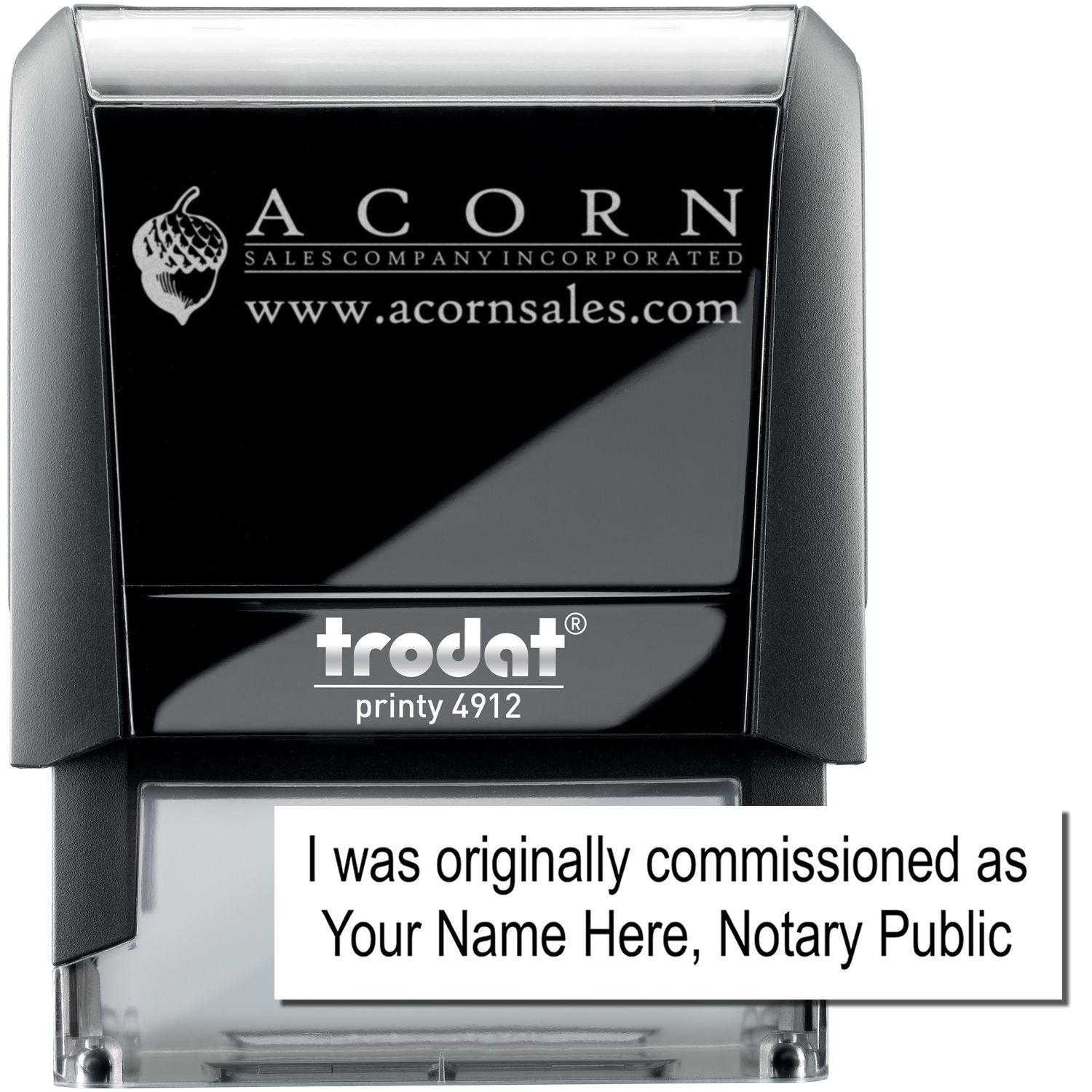 Custom notary public stamp Trodat Printy 4912 with Acorn Sales logo and personalized commission text