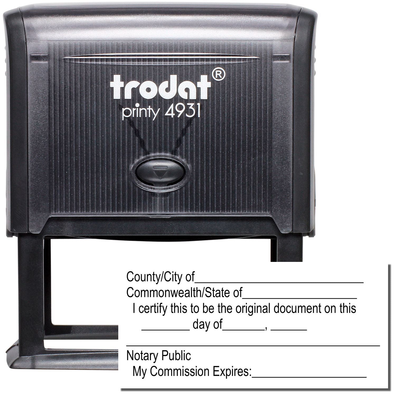 Trodat Printy 4931 notary stamp with official notary public certificate form template on a white background