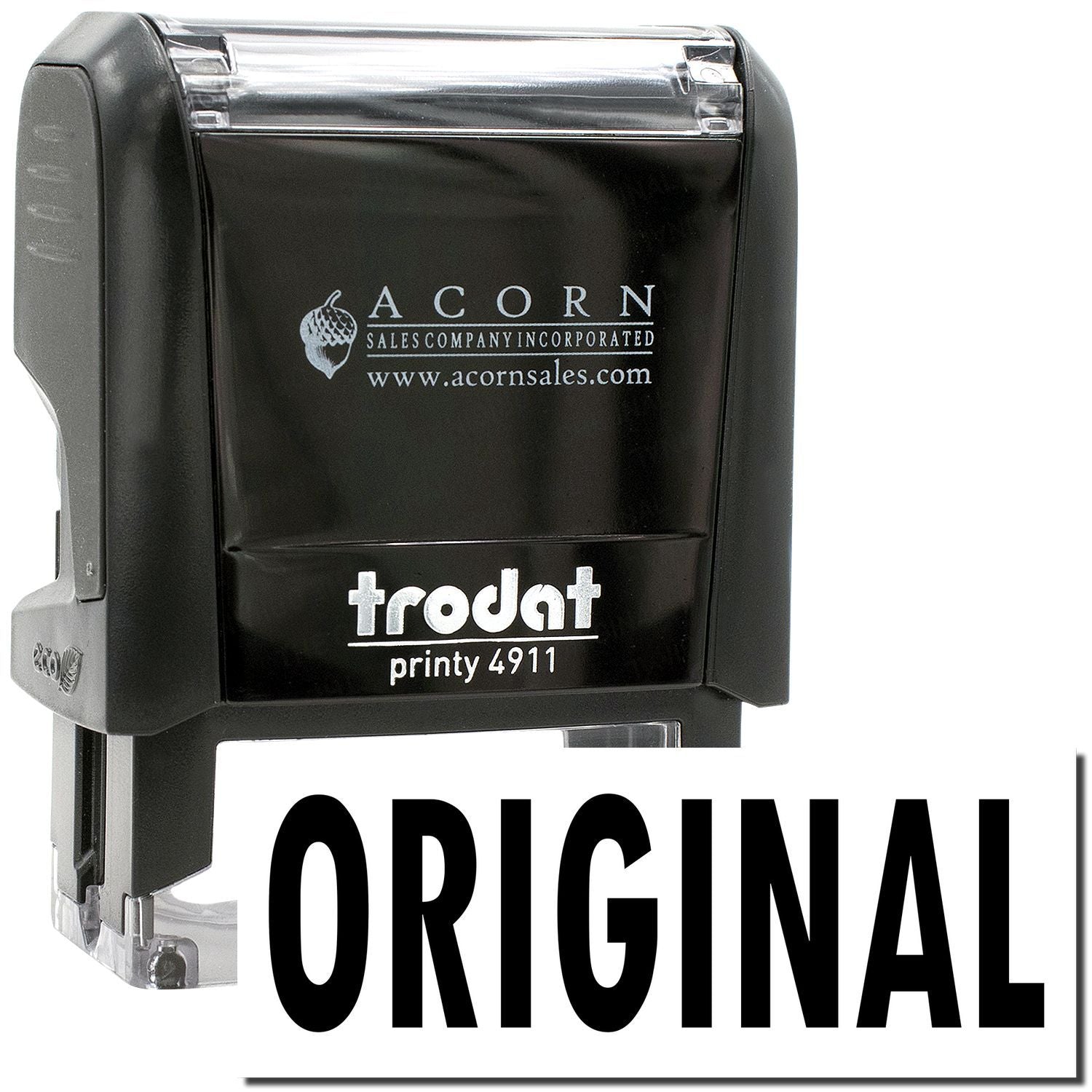 Trodat Printy 4911 original self-inking stamp with Acorn Sales Company logo on a black stamp body