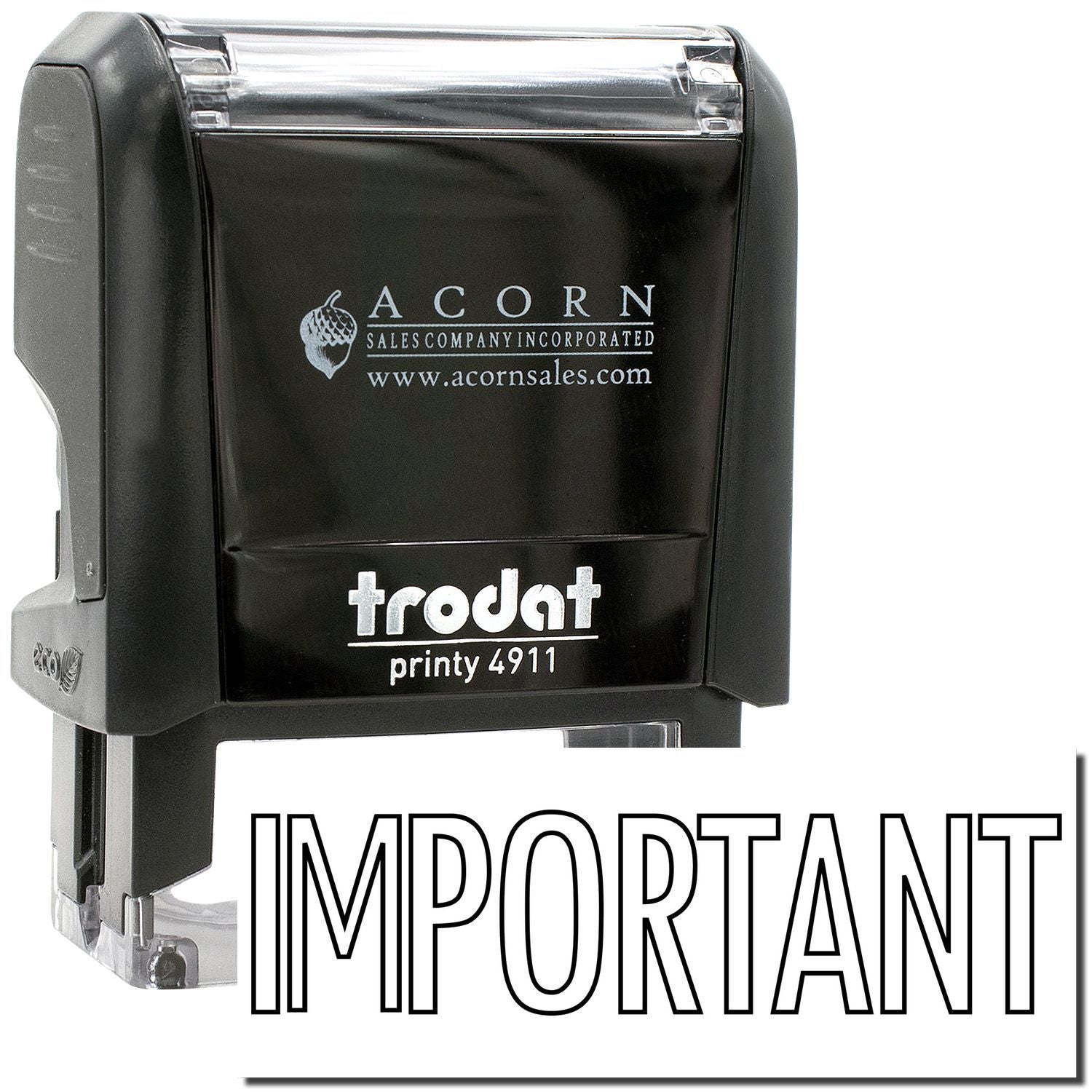 Trodat Printy 4911 self-inking stamp with IMPORTANT imprint, black office rubber stamp with transparent cap.