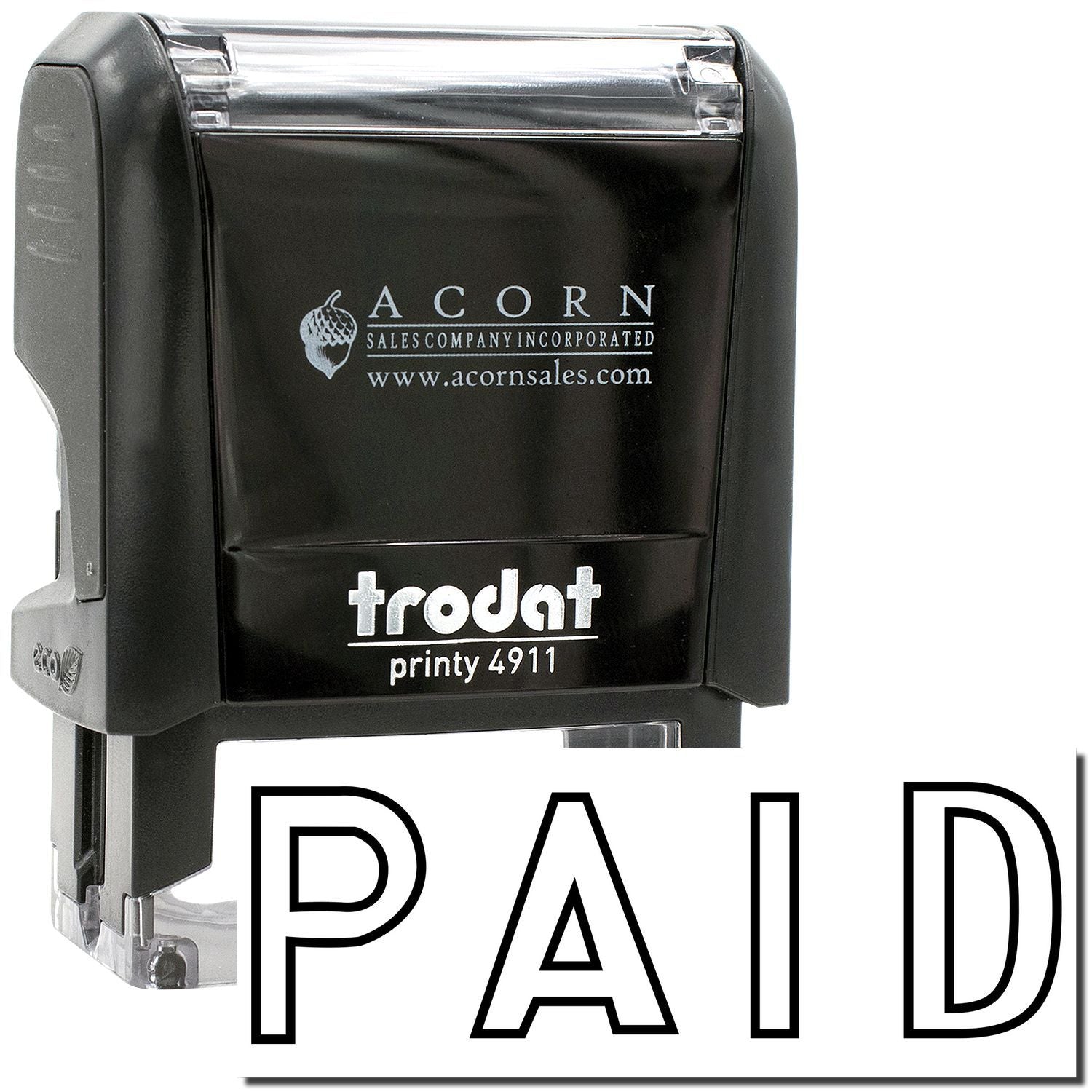 Trodat Printy 4911 paid self-inking rubber stamp by Acorn Sales Company in black casing