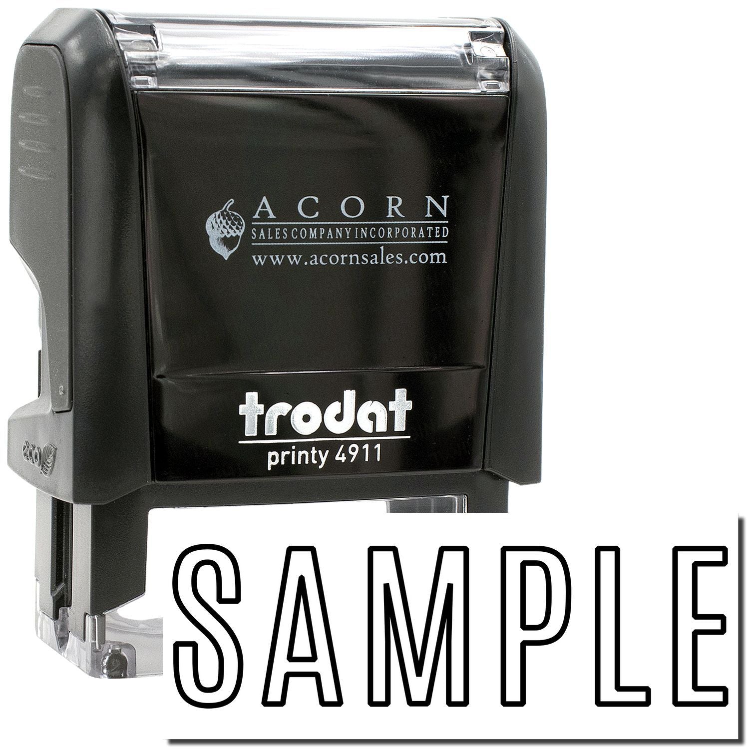 Black Trodat Printy 4911 self-inking rubber stamp by Acorn Sales Company with sample imprint text.