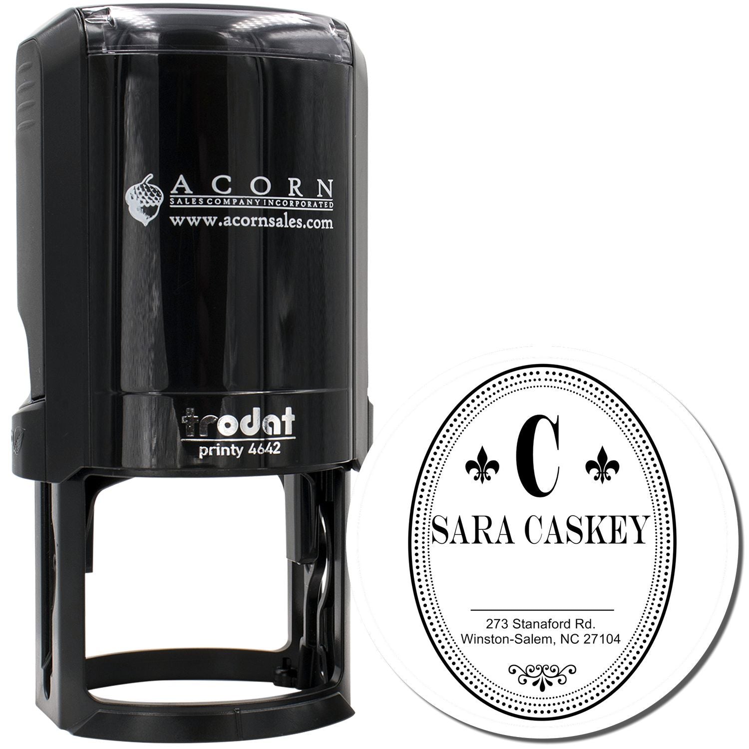 Custom self-inking rubber stamp with monogram return address design, shown with Trodat Printy 4642 stamp.