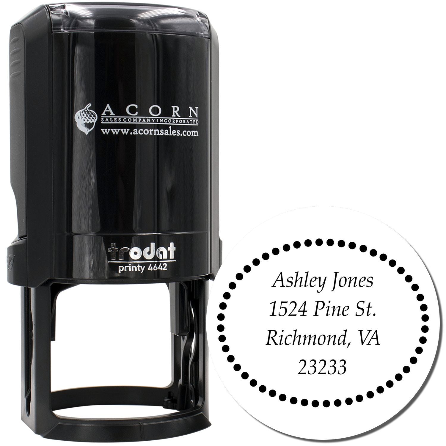 Custom self-inking rubber address stamp, Trodat Printy 4642, showing Ashley Jones return address in a dotted circle.