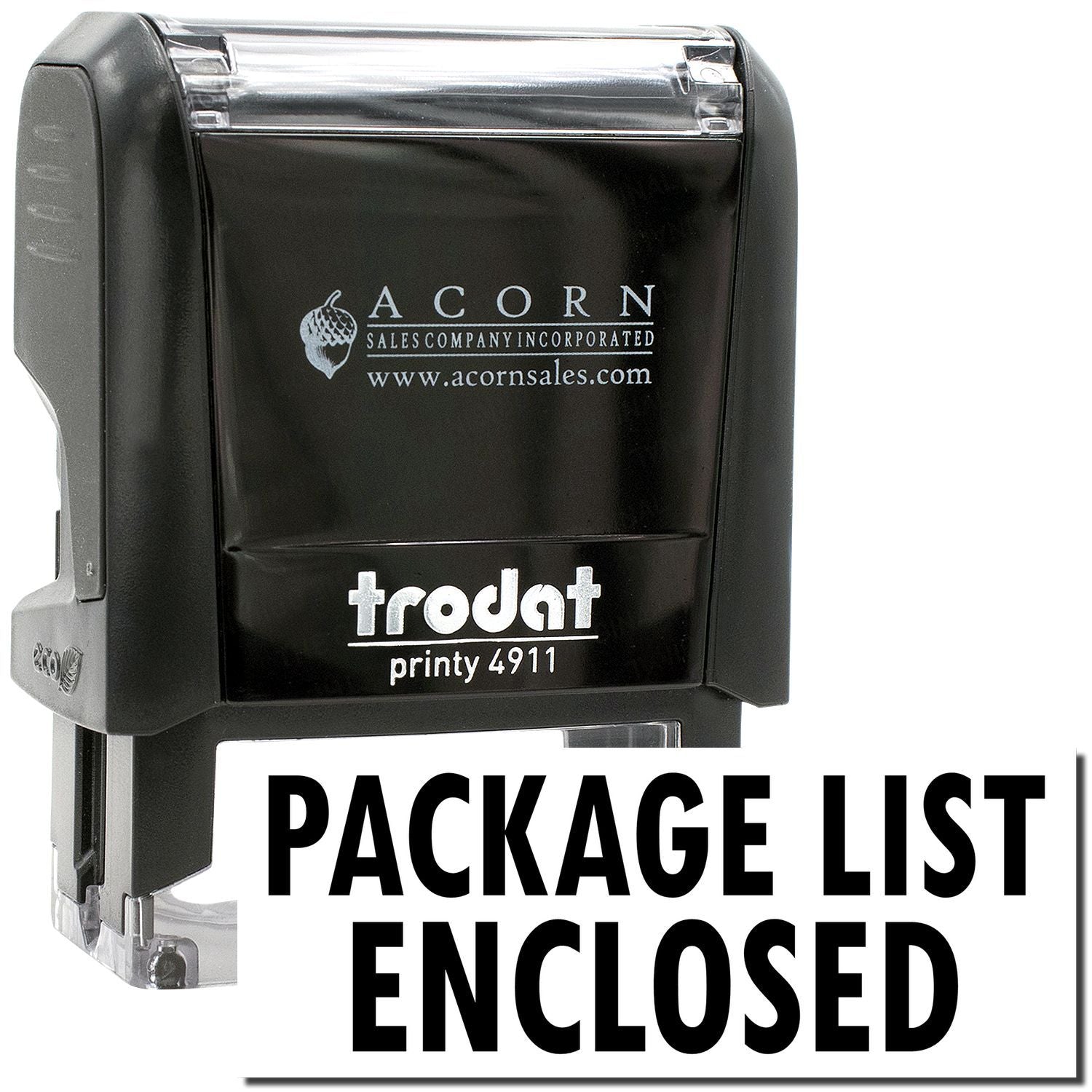 Trodat Printy 4911 package list enclosed self-inking stamp by Acorn Sales, black mailing and shipping stamp.