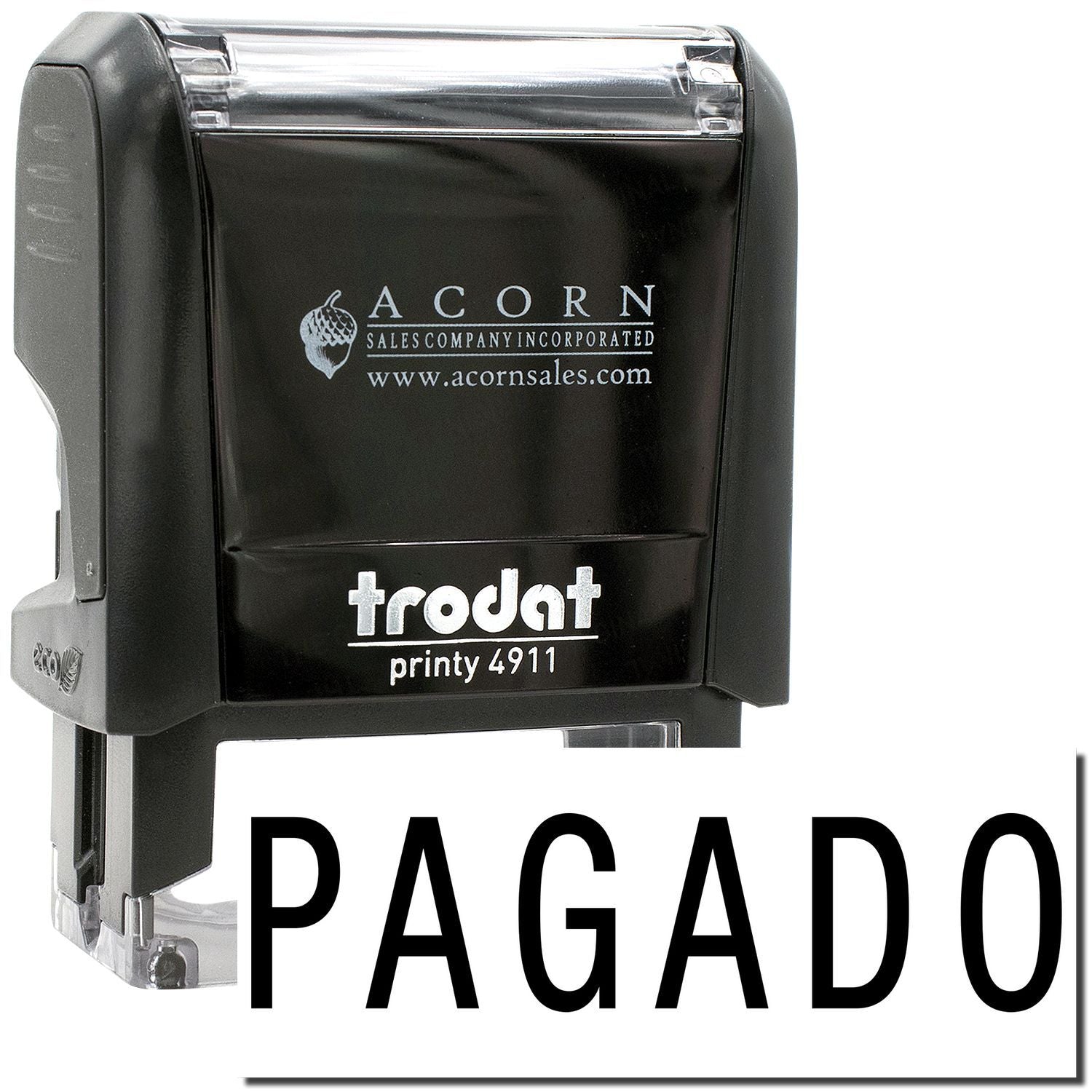 Trodat Printy 4911 Pagado self-inking stamp in black with Acorn Sales branding on a white background.