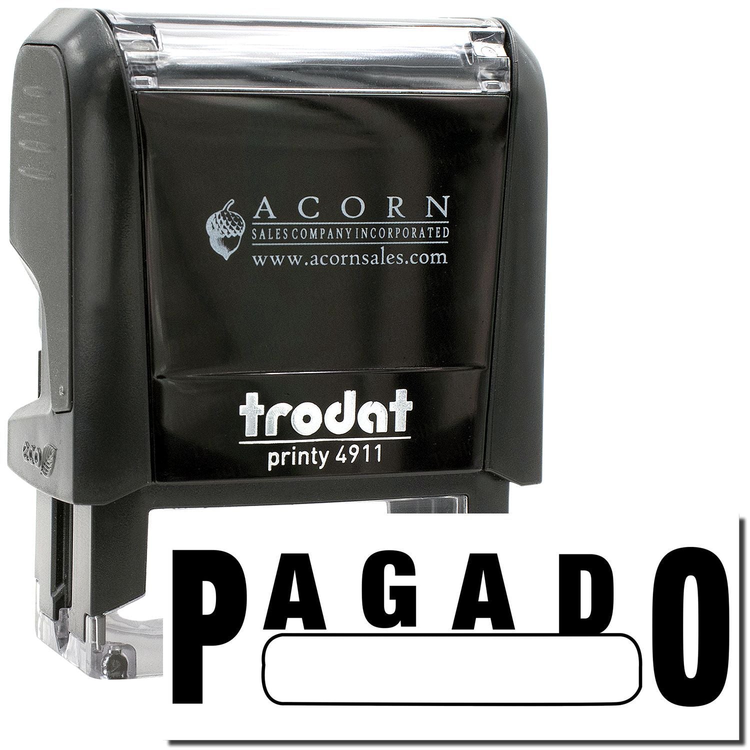 Trodat Printy 4911 self-inking rubber stamp with Acorn Sales logo and custom PA GADO imprint.