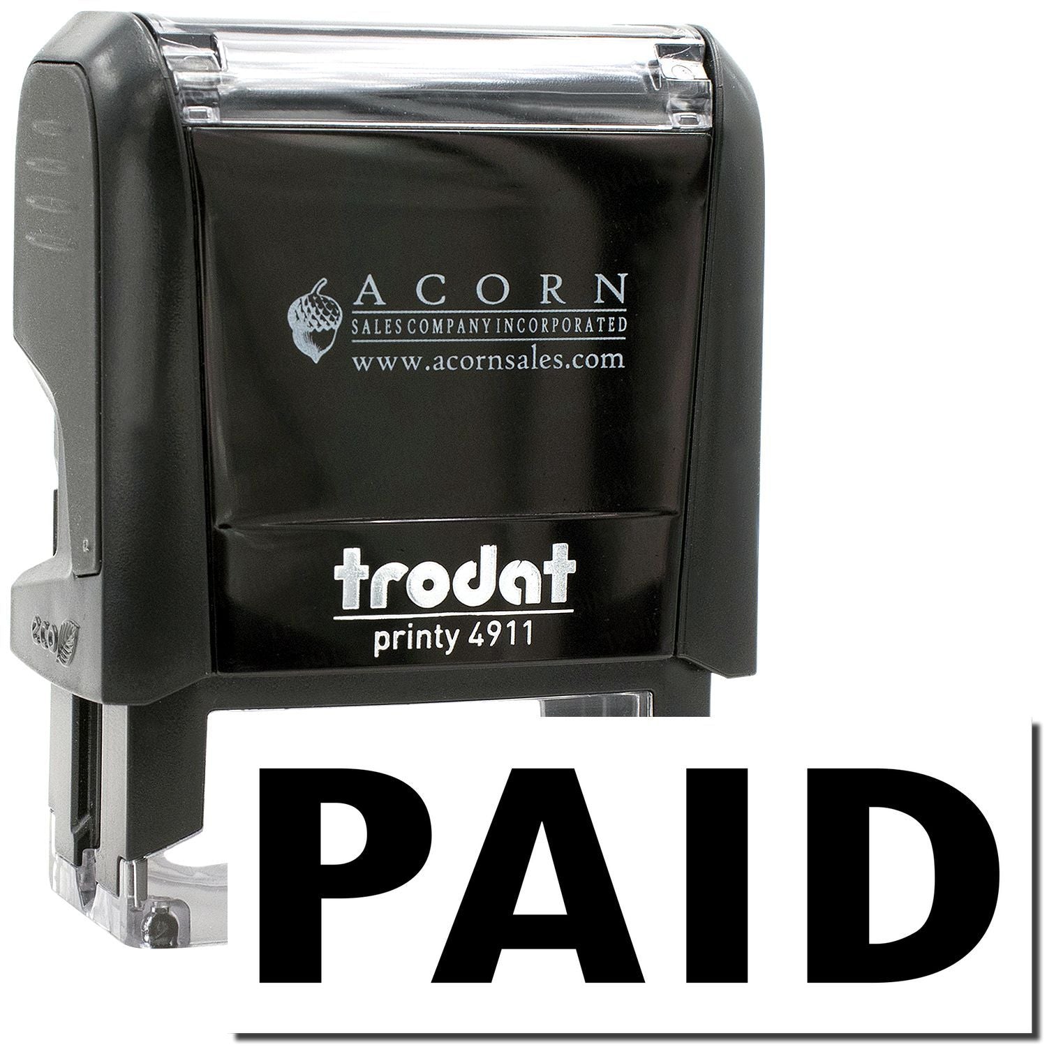 Black Trodat Printy 4911 self-inking PAID stamp with Acorn Sales branding on a white background