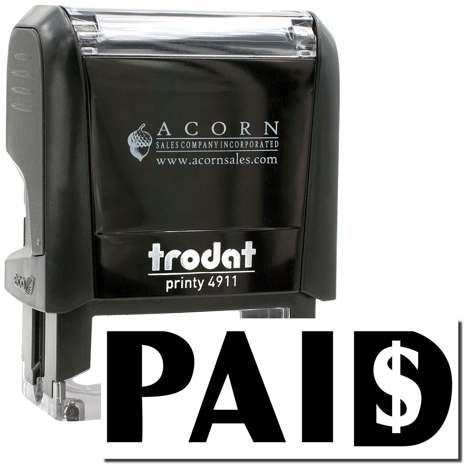 Black Trodat Printy 4911 self-inking paid stamp with Acorn Sales logo on white background.