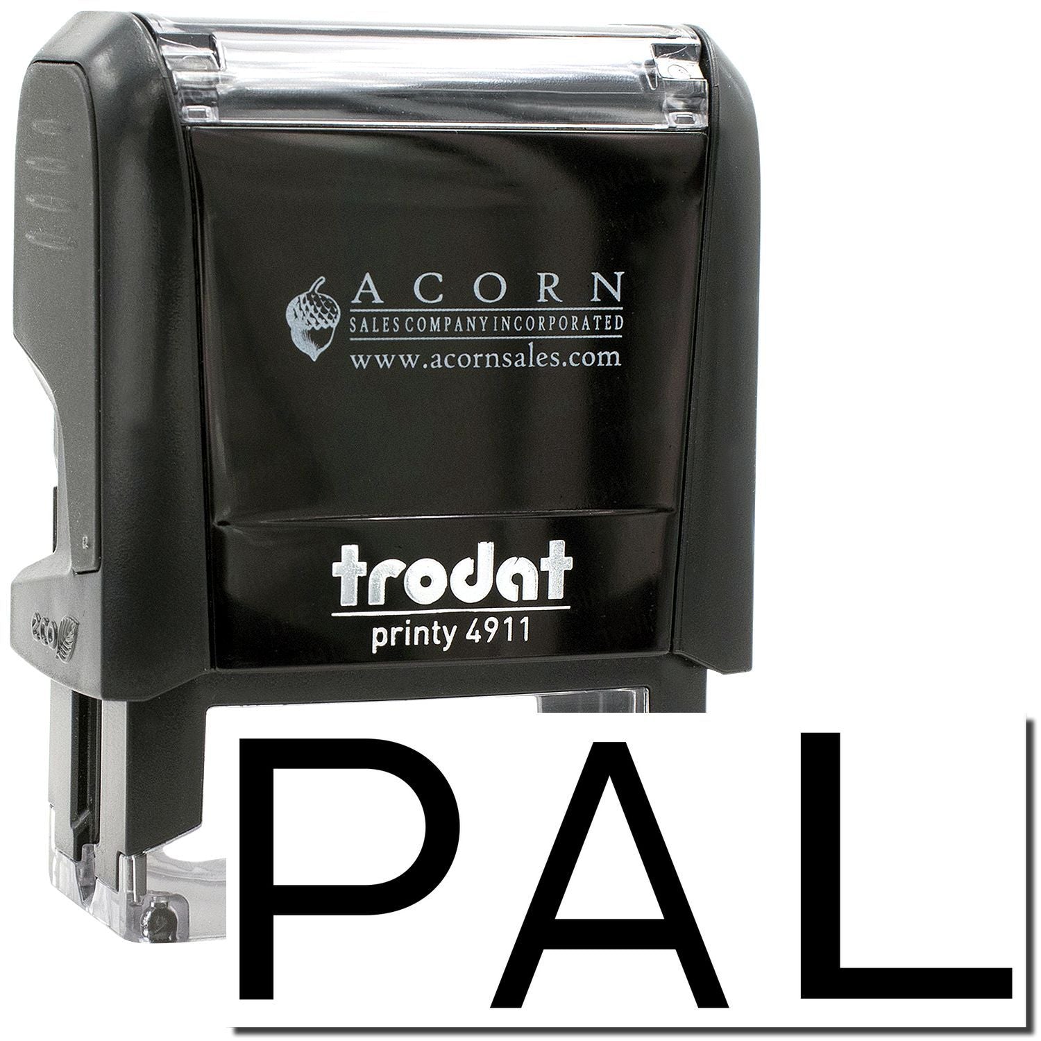 Trodat Printy 4911 self-inking PAL stamp with Acorn Sales branding on black casing