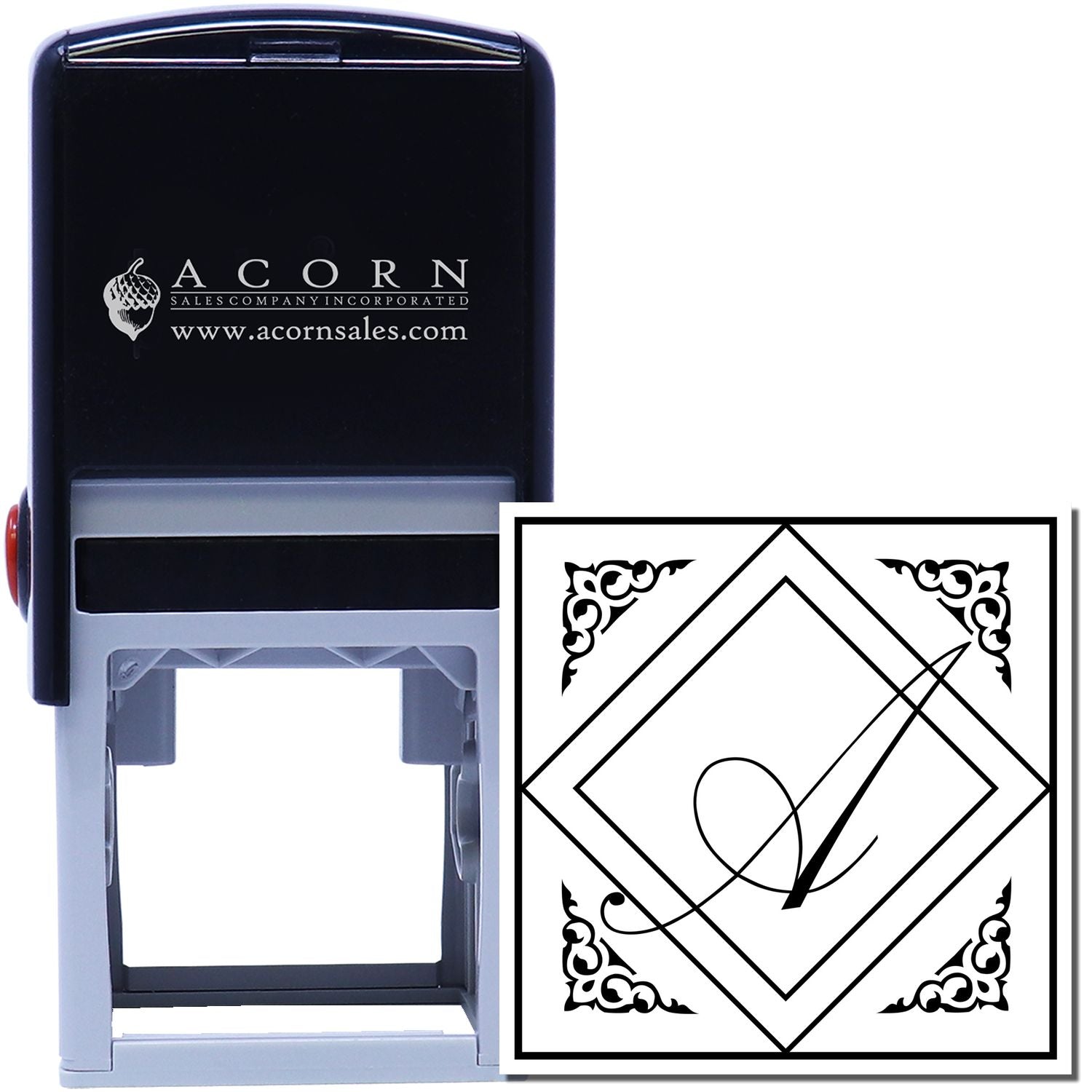 Custom self-inking rubber stamp with decorative monogram design, ideal for business branding and personalized stationery.