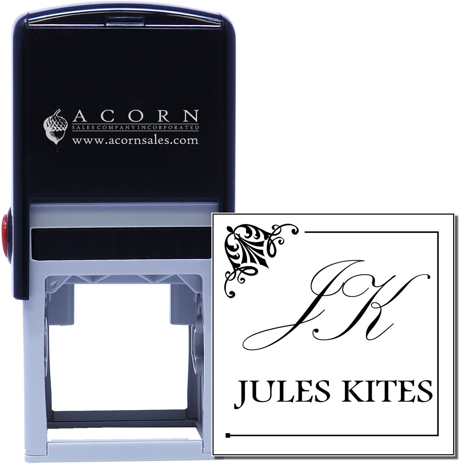 Custom self-inking rubber stamp with monogram logo and Jules Kites design for personalized business branding.