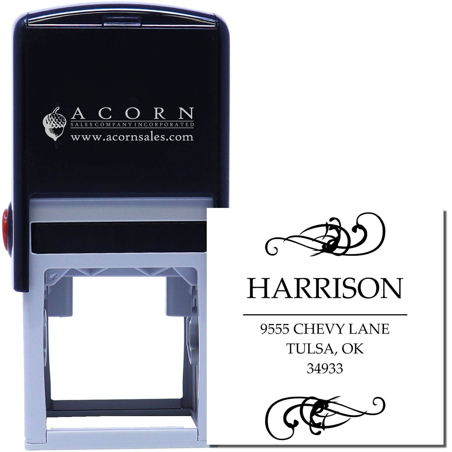 Custom self-inking address rubber stamp with decorative flourishes for personalized mailing and business use