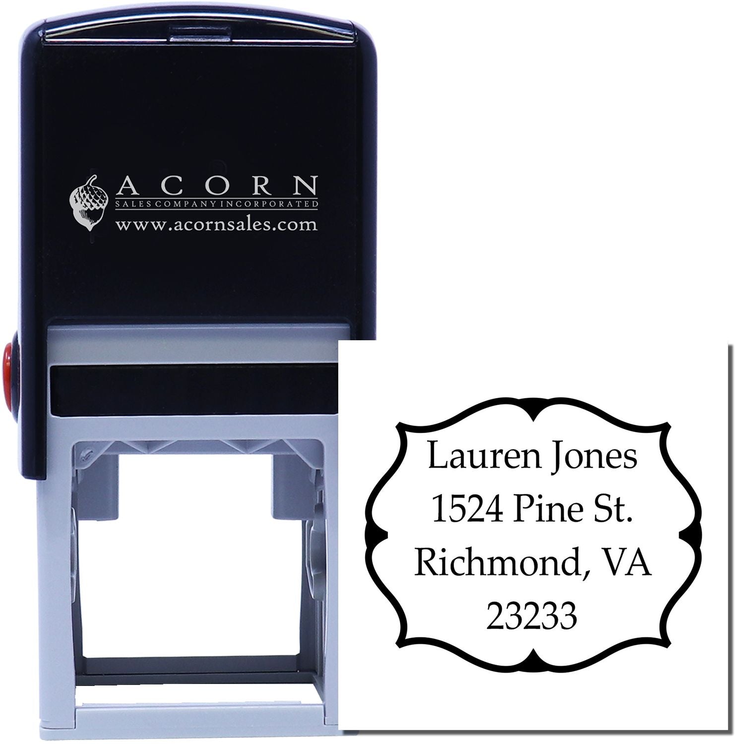 Custom self-inking return address rubber stamp for Lauren Jones, 1524 Pine St., Richmond, VA 23233