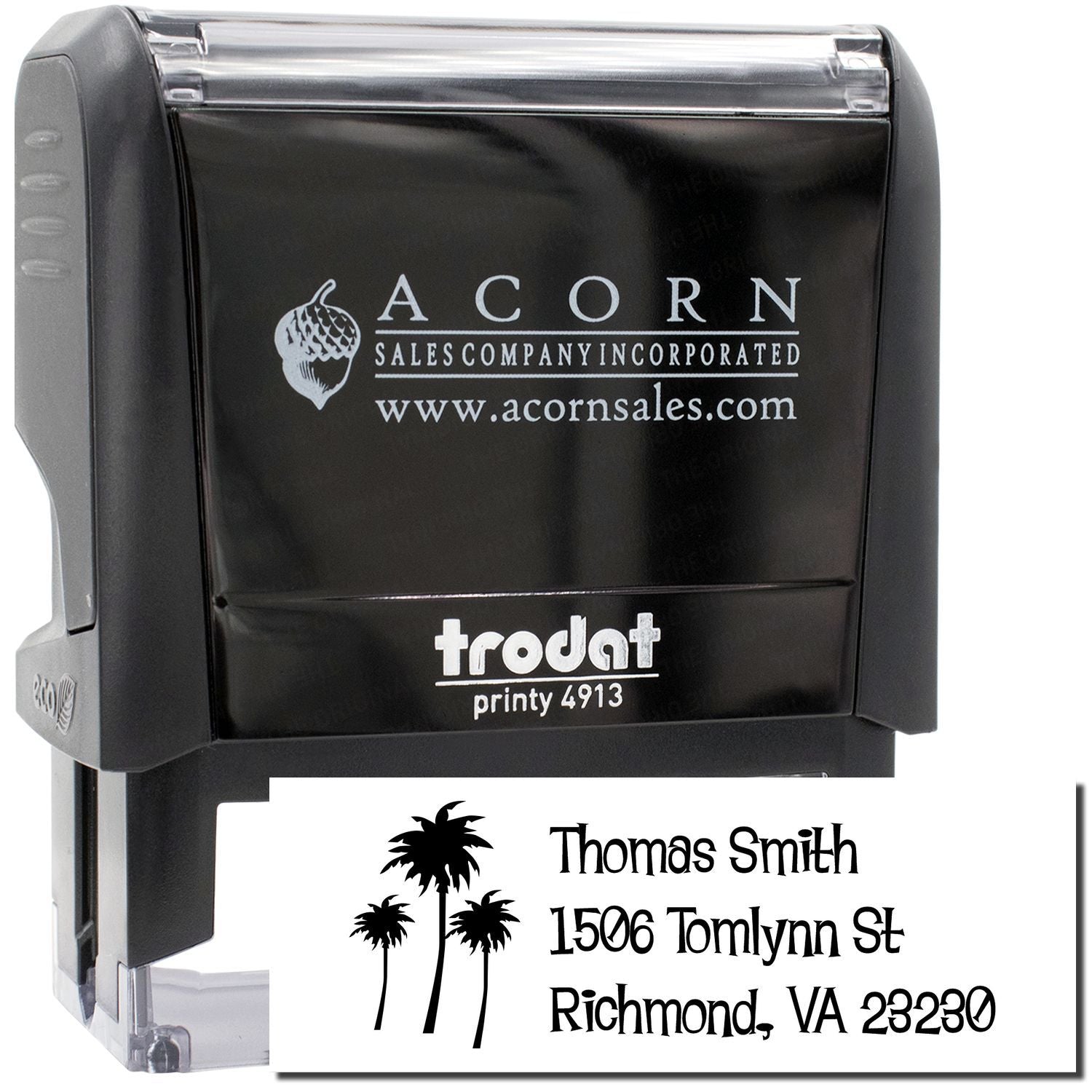 Custom self-inking rubber stamp Trodat Printy 4913 with logo and personalized address imprint